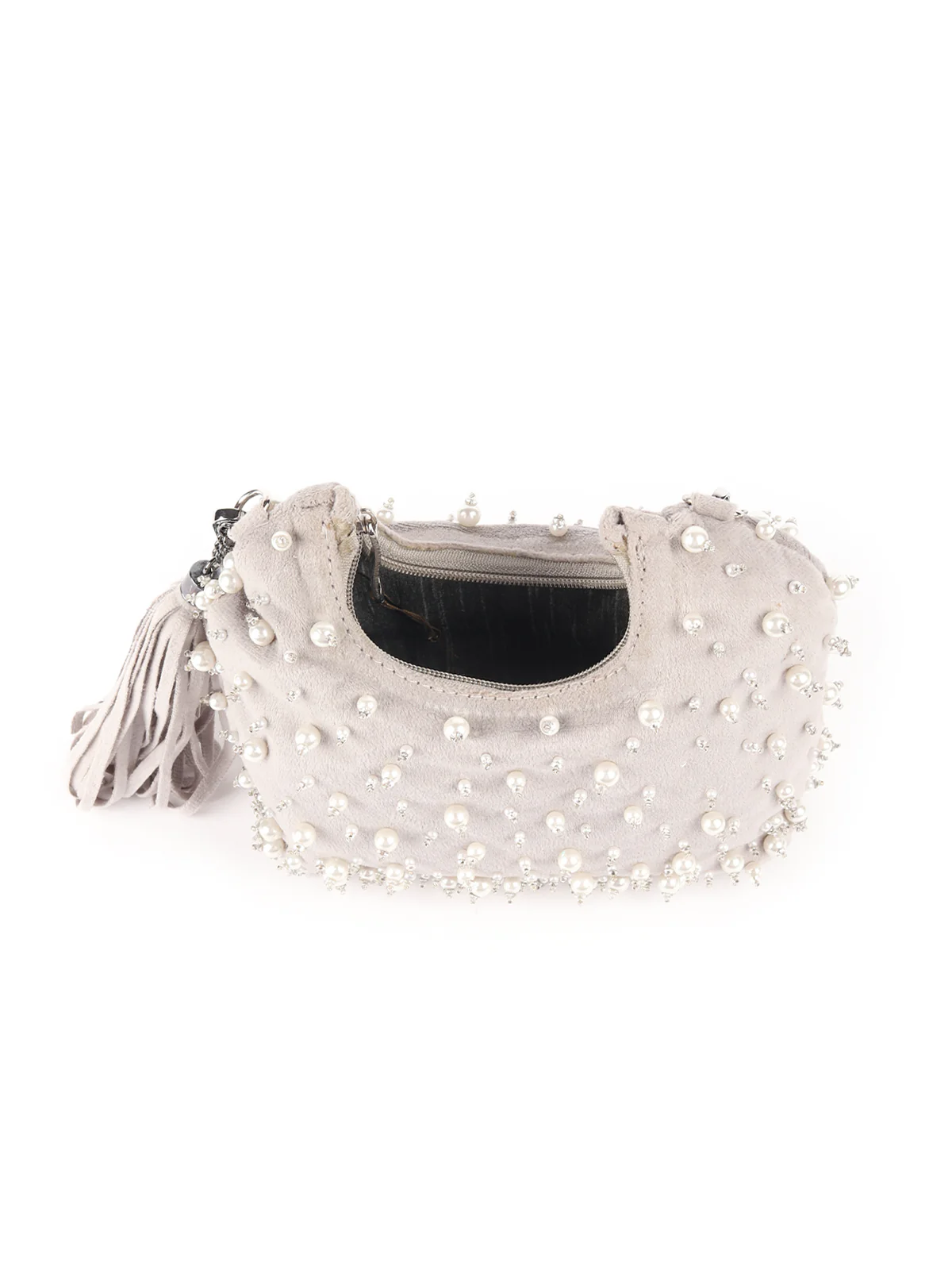 Odette Grey Pearl Embroidered Moon Clutch For Women - Image 6