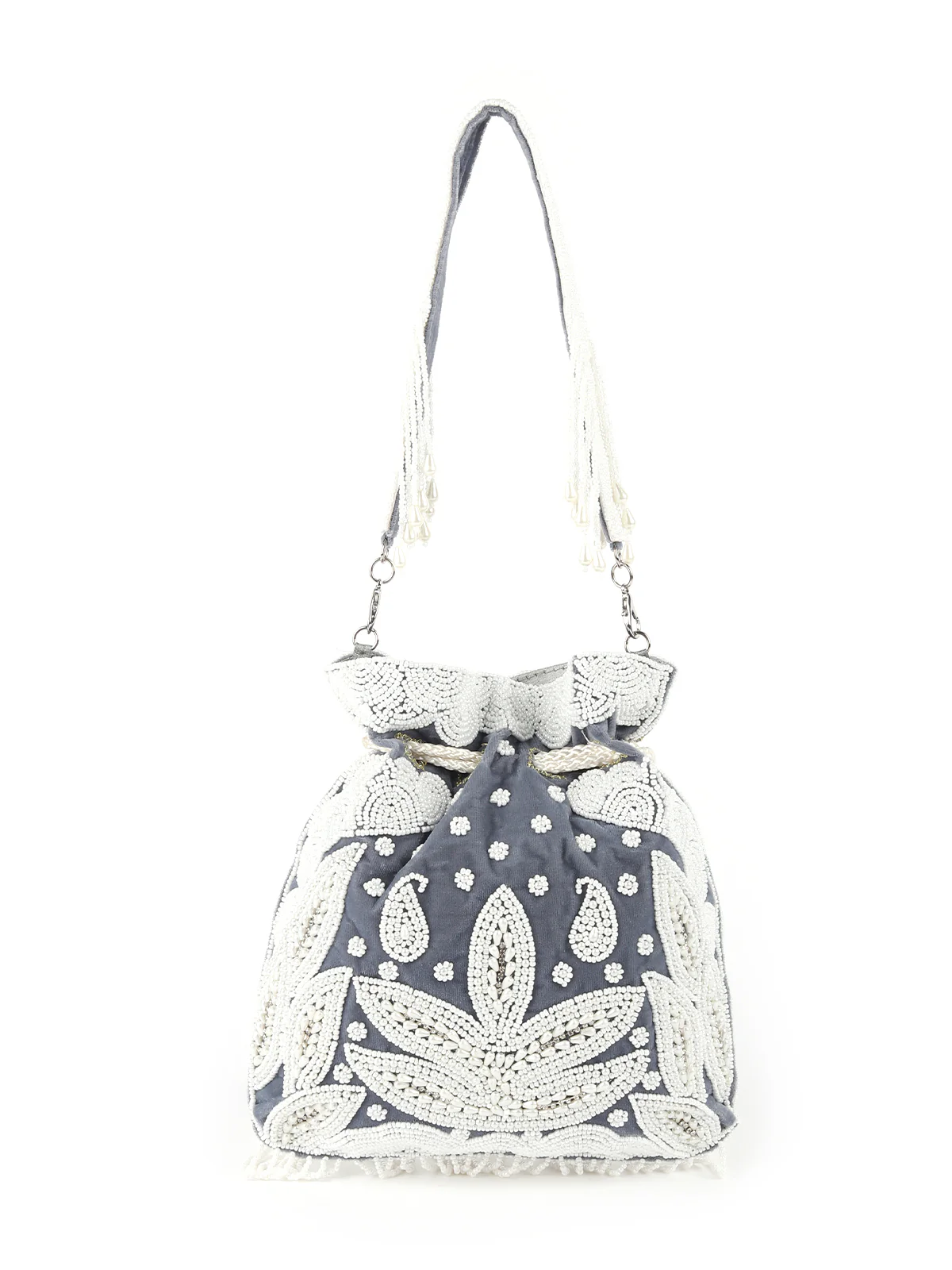 Odette Grey Pearl Embroidered Potli Bag For Women - Image 5