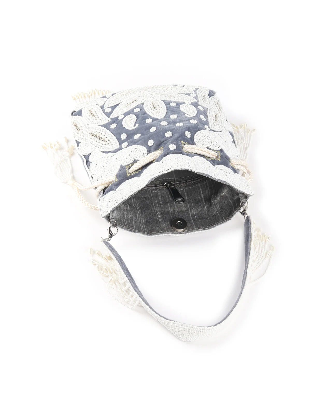 Odette Grey Pearl Embroidered Potli Bag For Women - Image 6