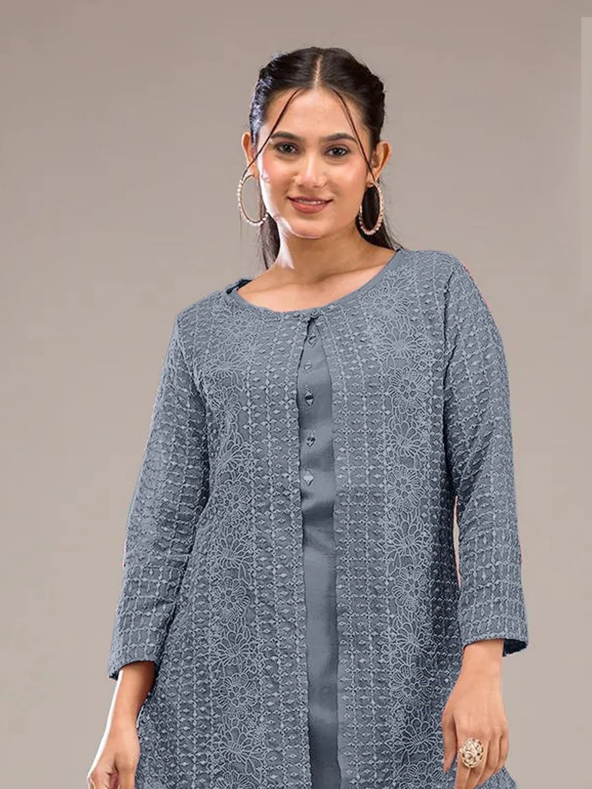 Odette Grey Poly Crepe Solid Semi Stitched Kurta Set For Women - Image 2