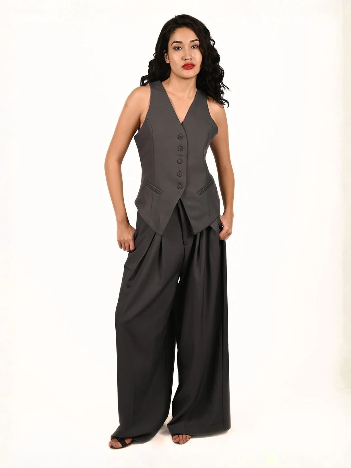 Odette Grey Poly Viscose Solid Co-Ord Set For Women