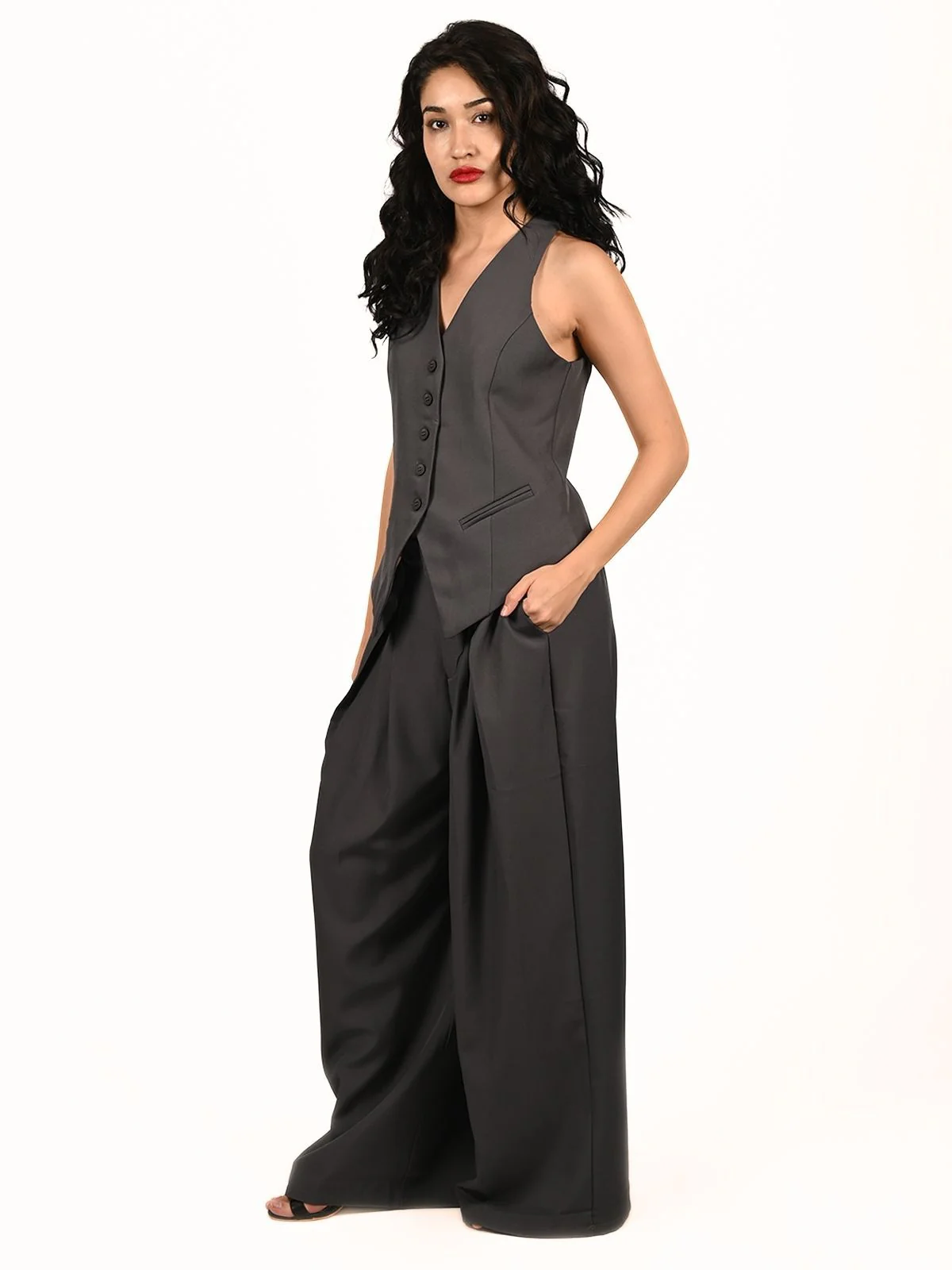 Odette Grey Poly Viscose Solid Co-Ord Set For Women - Image 2
