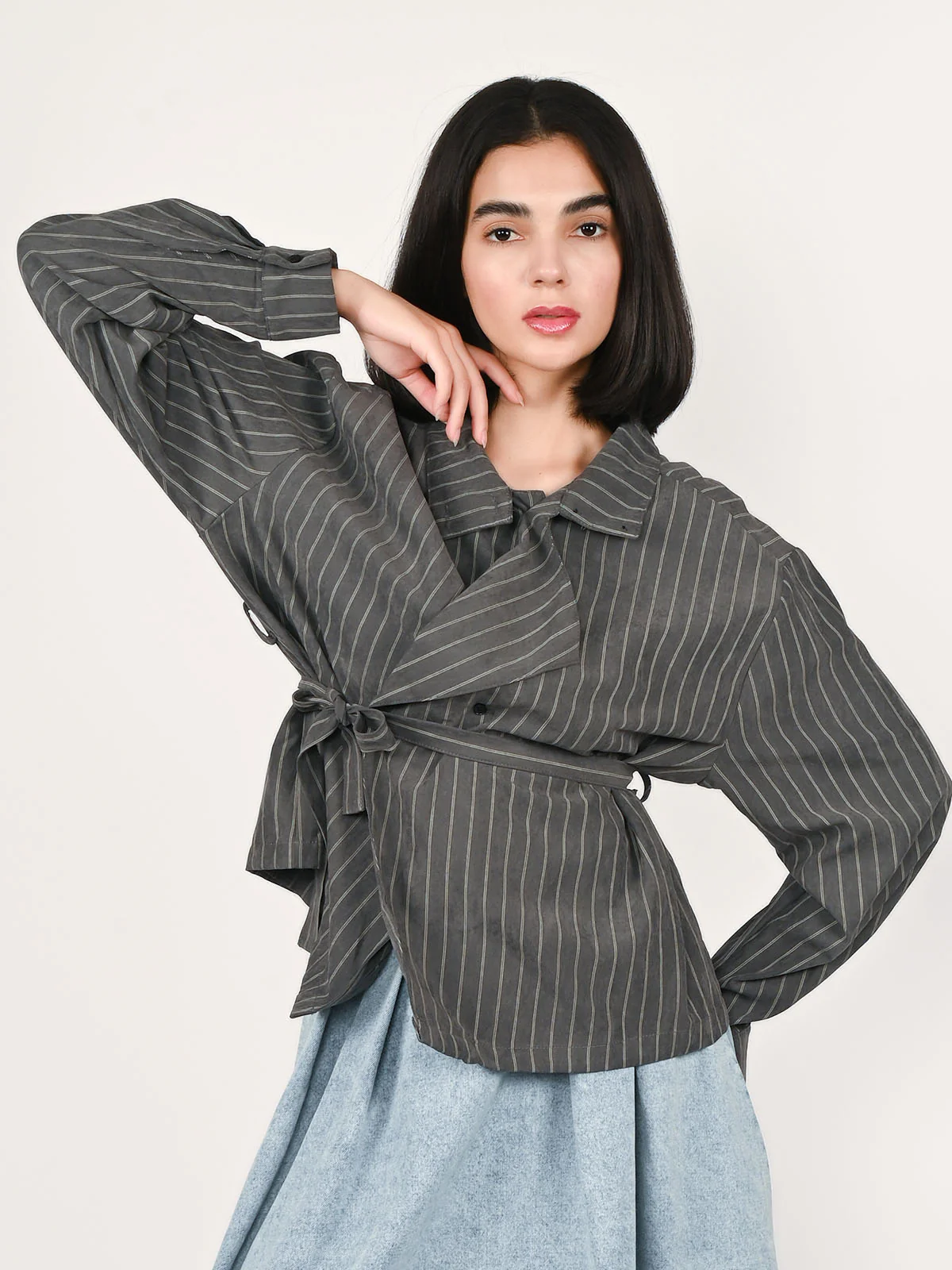 Odette Grey Polyester Striped Top For Women