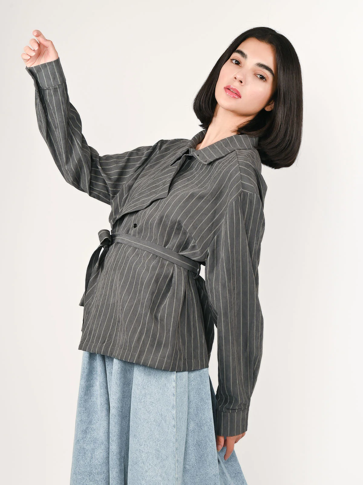 Odette Grey Polyester Striped Top For Women - Image 3