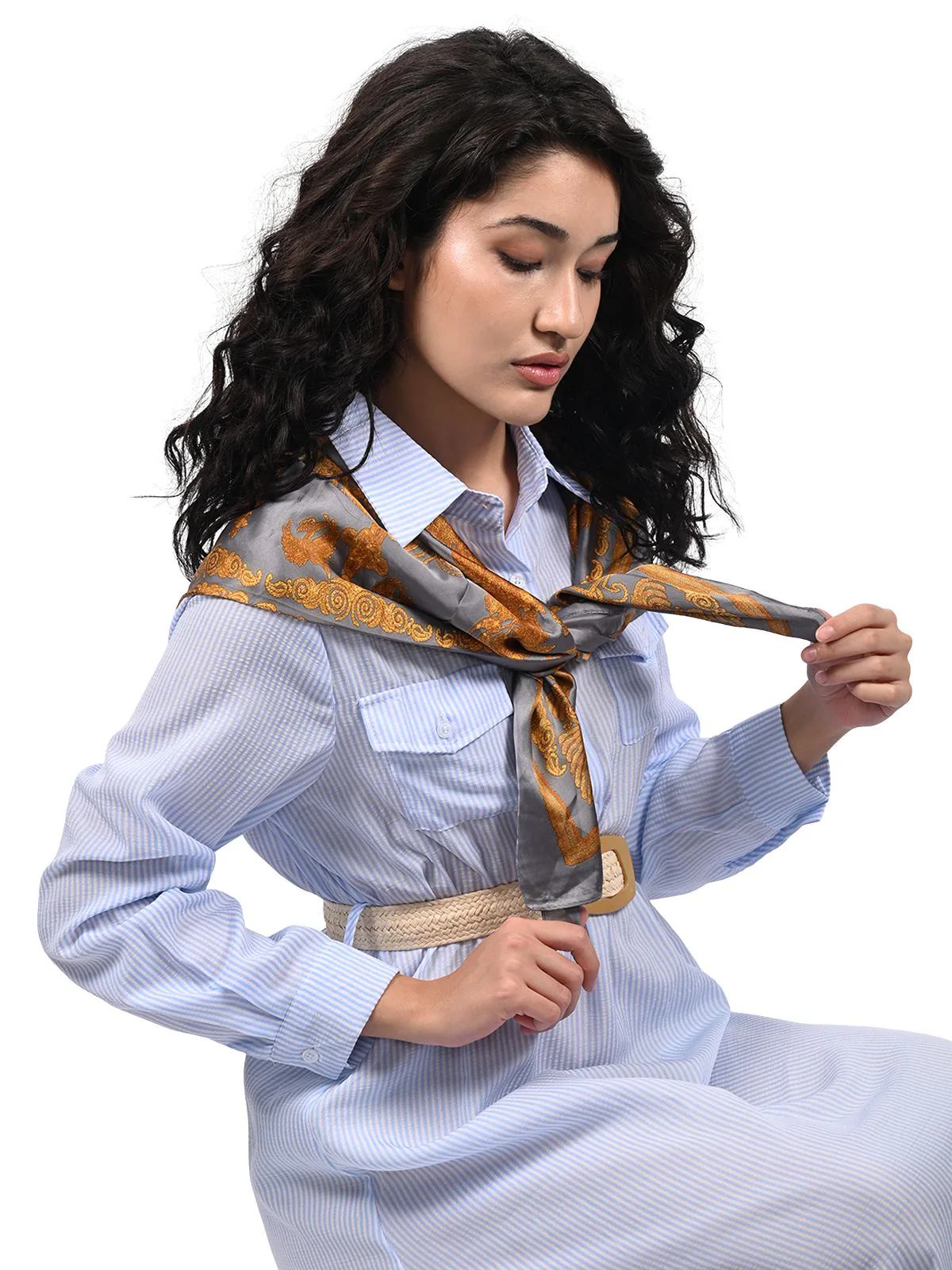 Odette Grey Printed Satin Scarf For Women