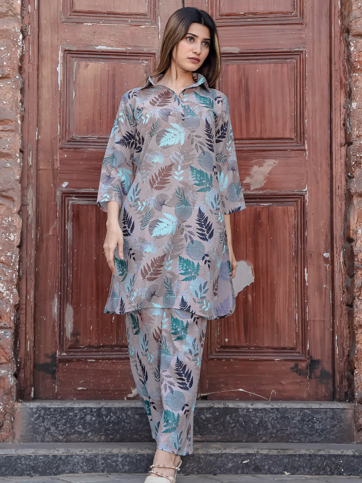 Odette Grey Cotton Printed Stitched Co Ord Set for Women - Image 3