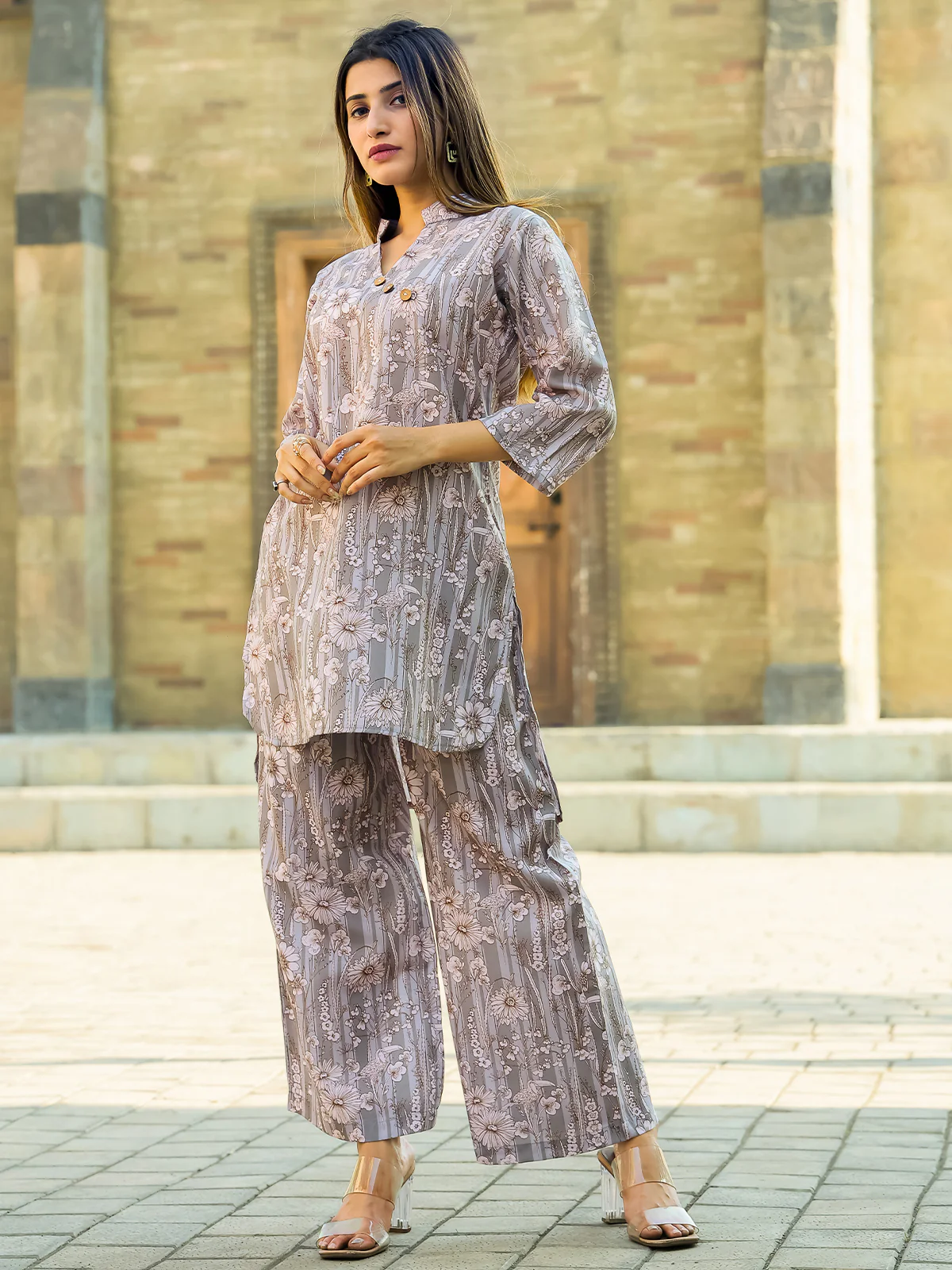 Odette Grey Cotton Printed Stitched Co Ord Set for Women - Image 2
