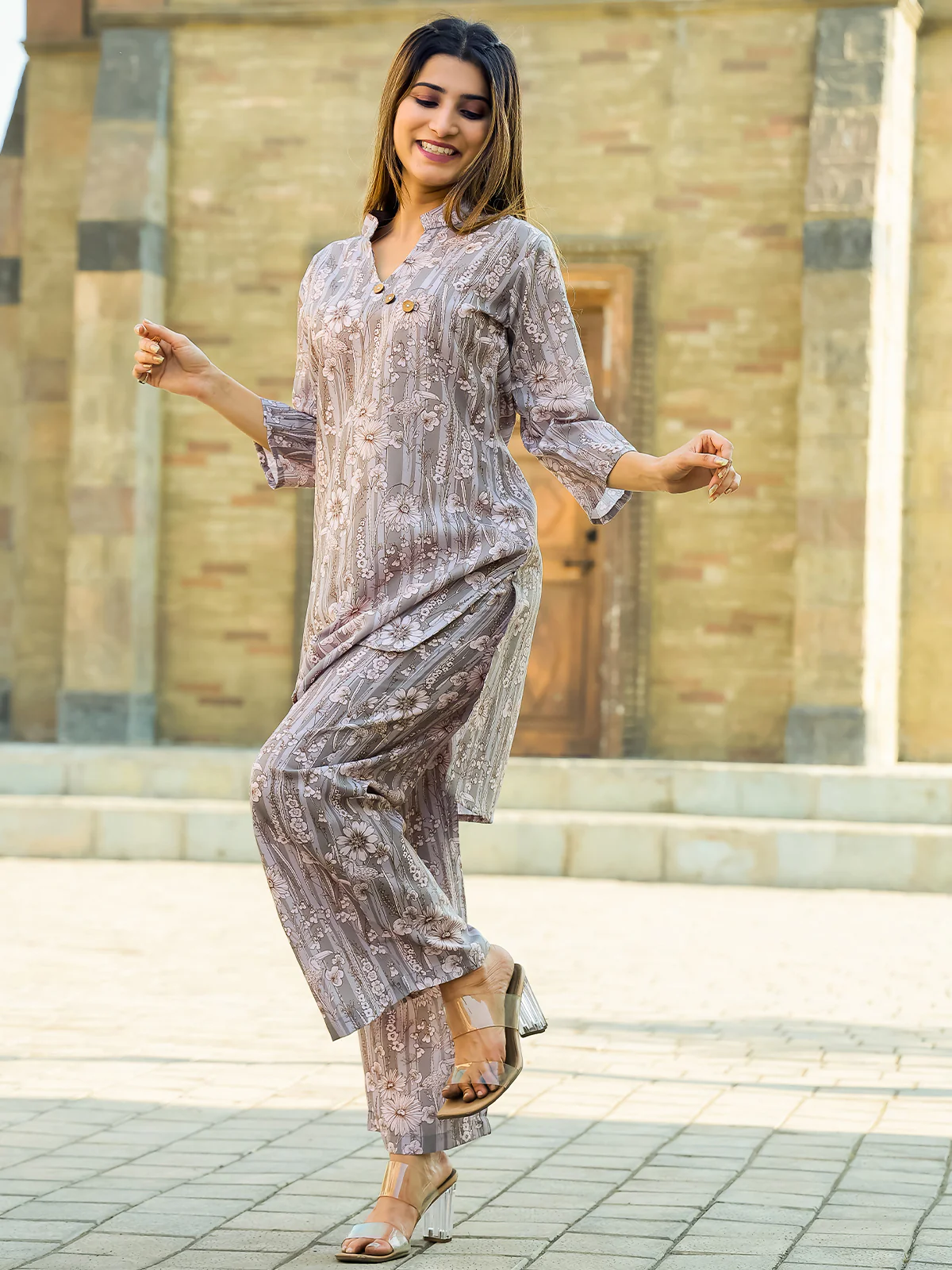 Odette Grey Cotton Printed Stitched Co Ord Set for Women - Image 3