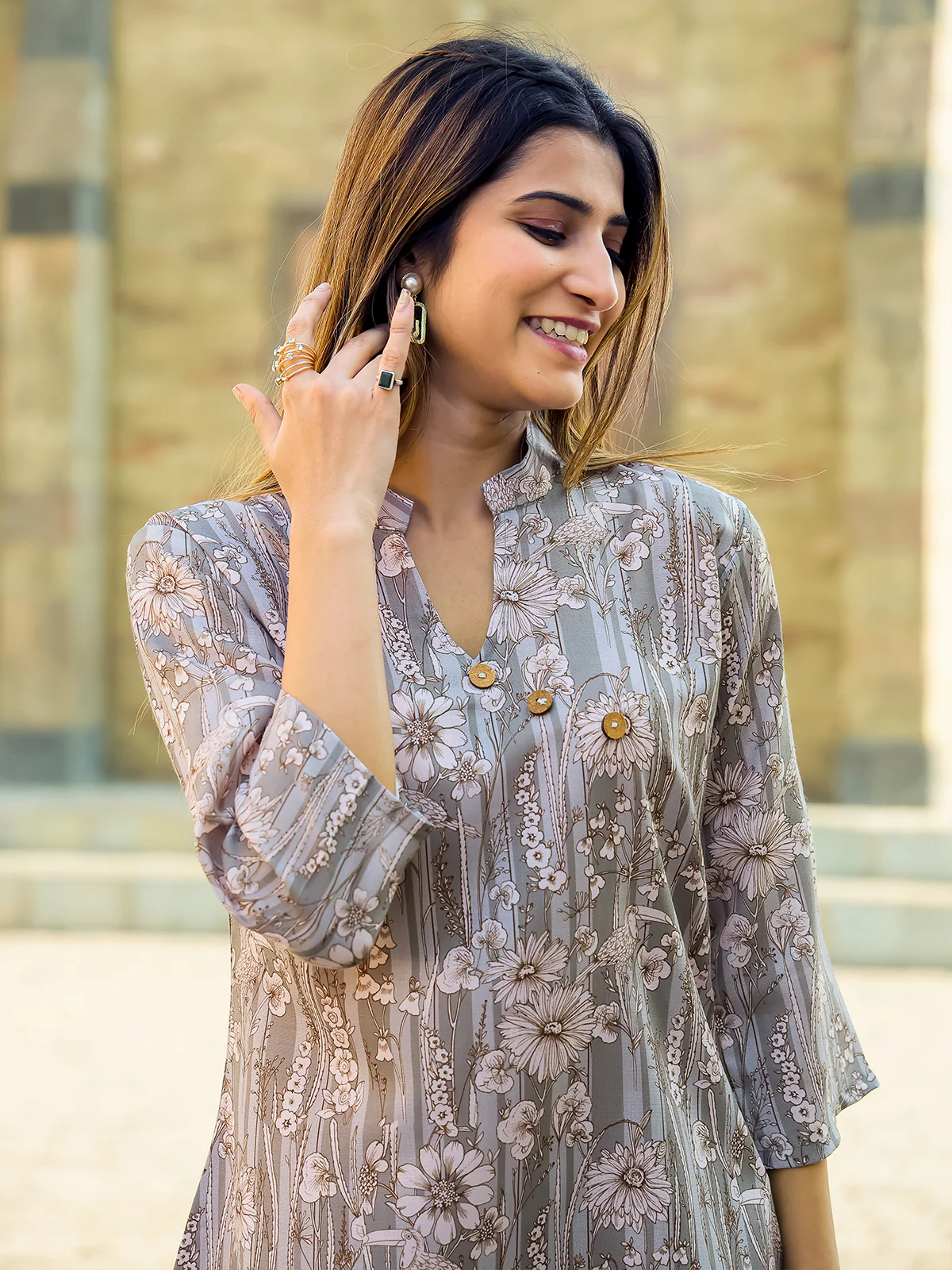 Odette Grey Cotton Printed Stitched Co Ord Set for Women - Image 5