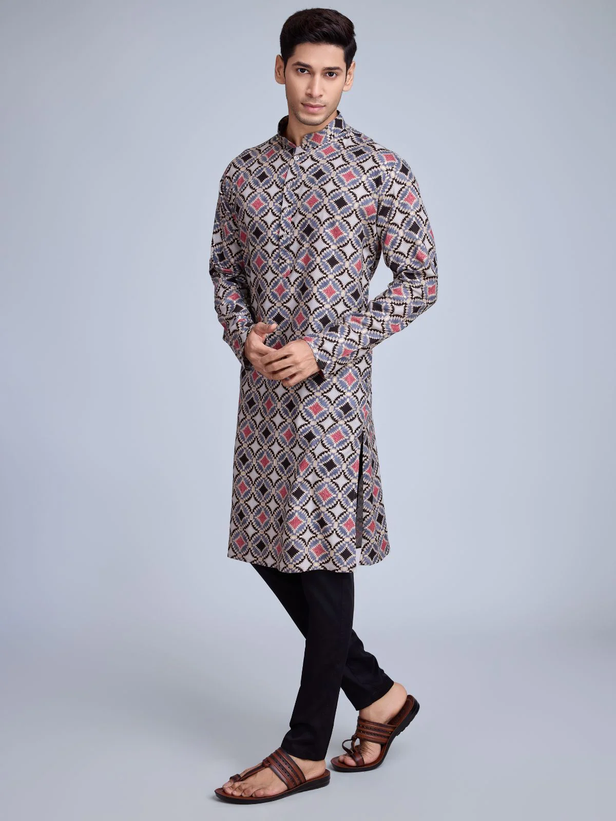 Odette Grey Rayon Printed Stitched Kurta For Men - Image 3