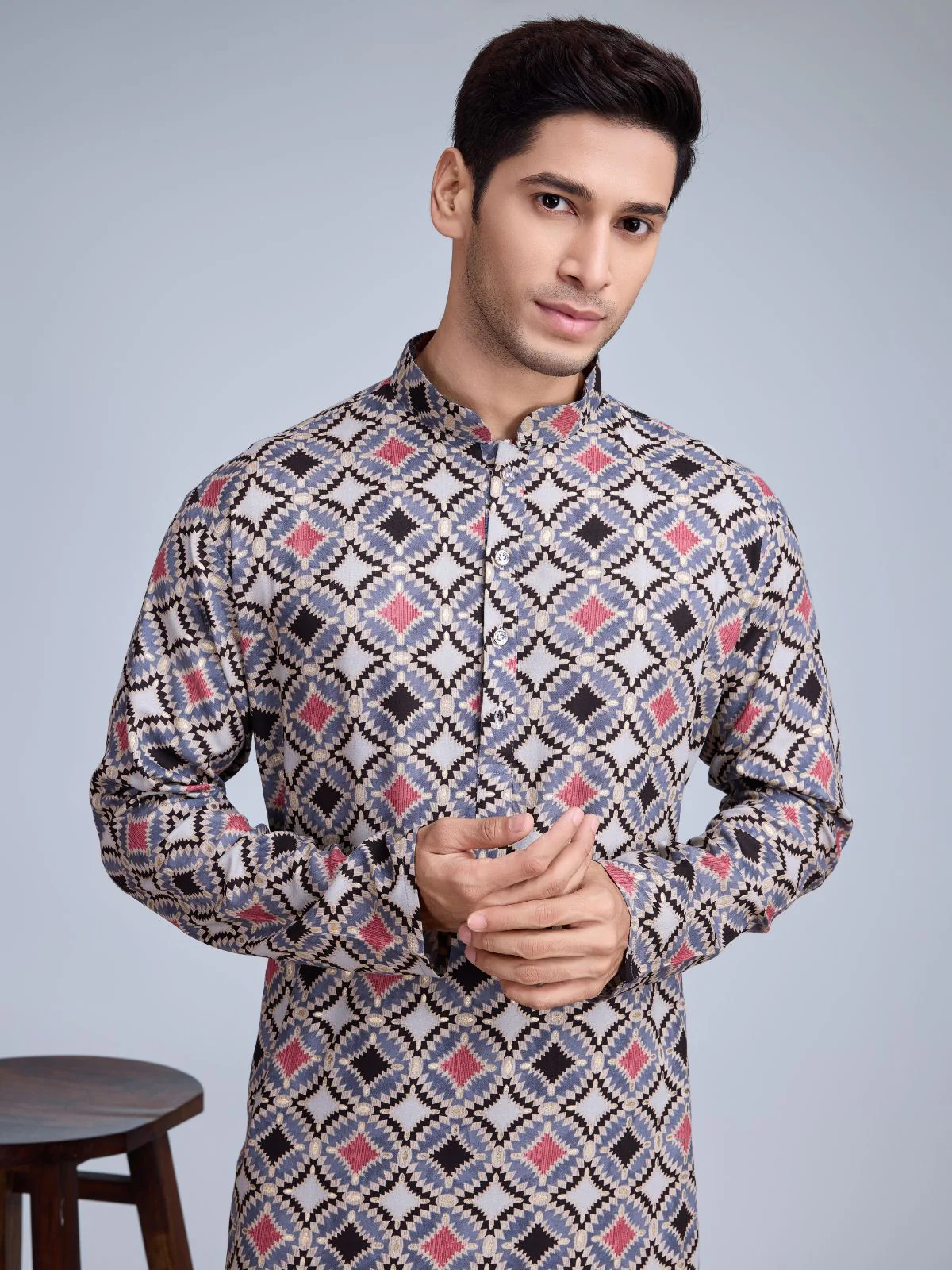 Odette Grey Rayon Printed Stitched Kurta For Men - Image 5