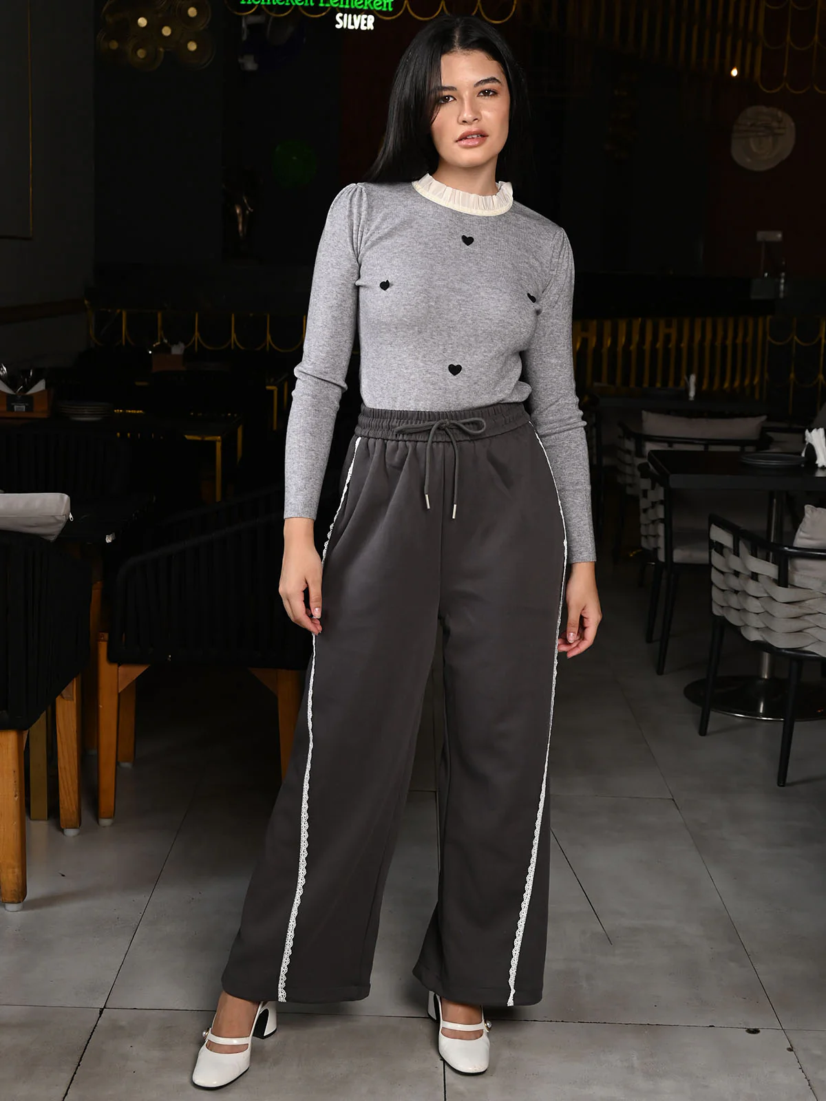 Odette Grey Ribbed Cotton Embellished Top For Women
