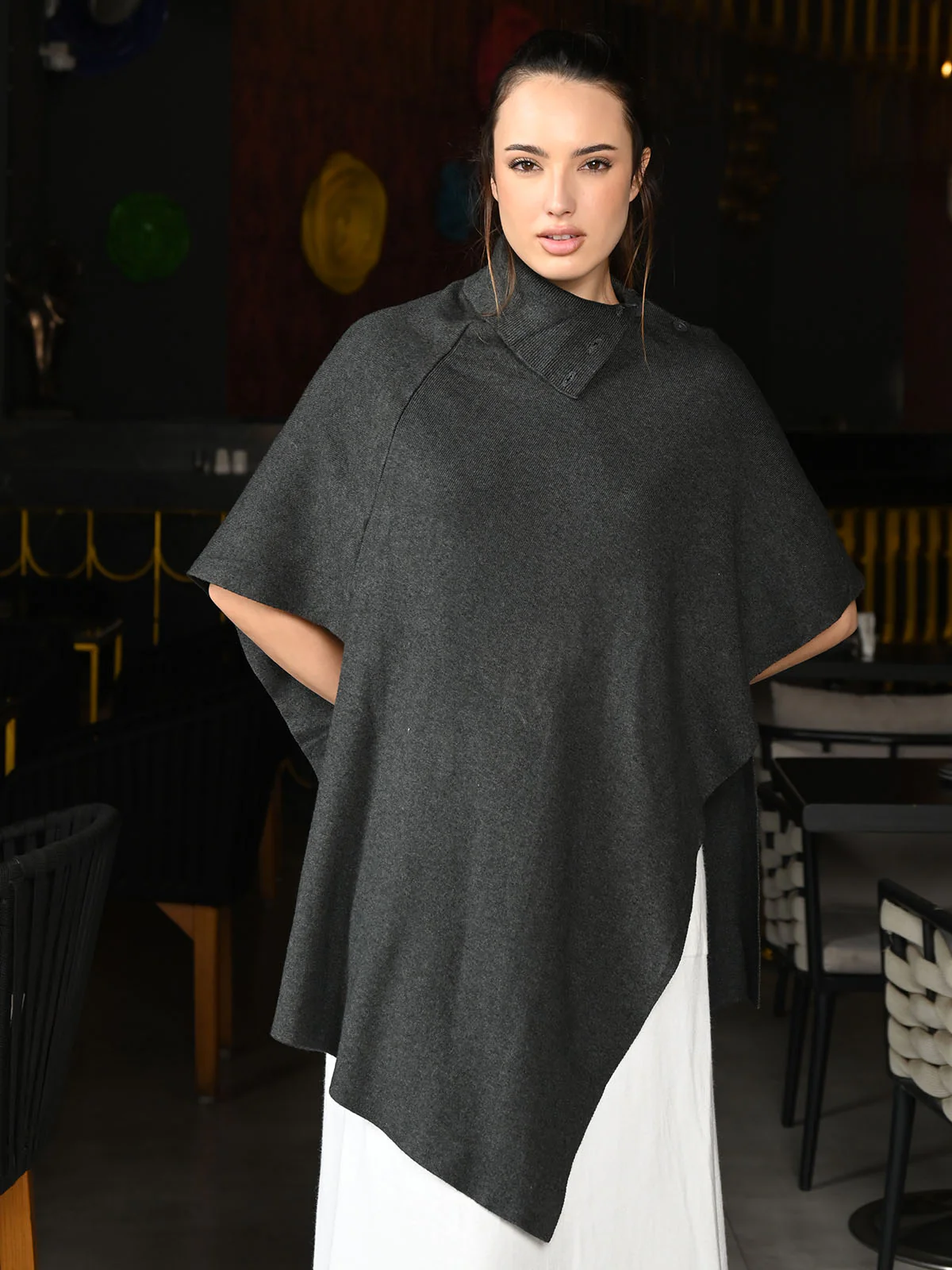 Odette Grey Ribbed Cotton High Neck Poncho Top For Women