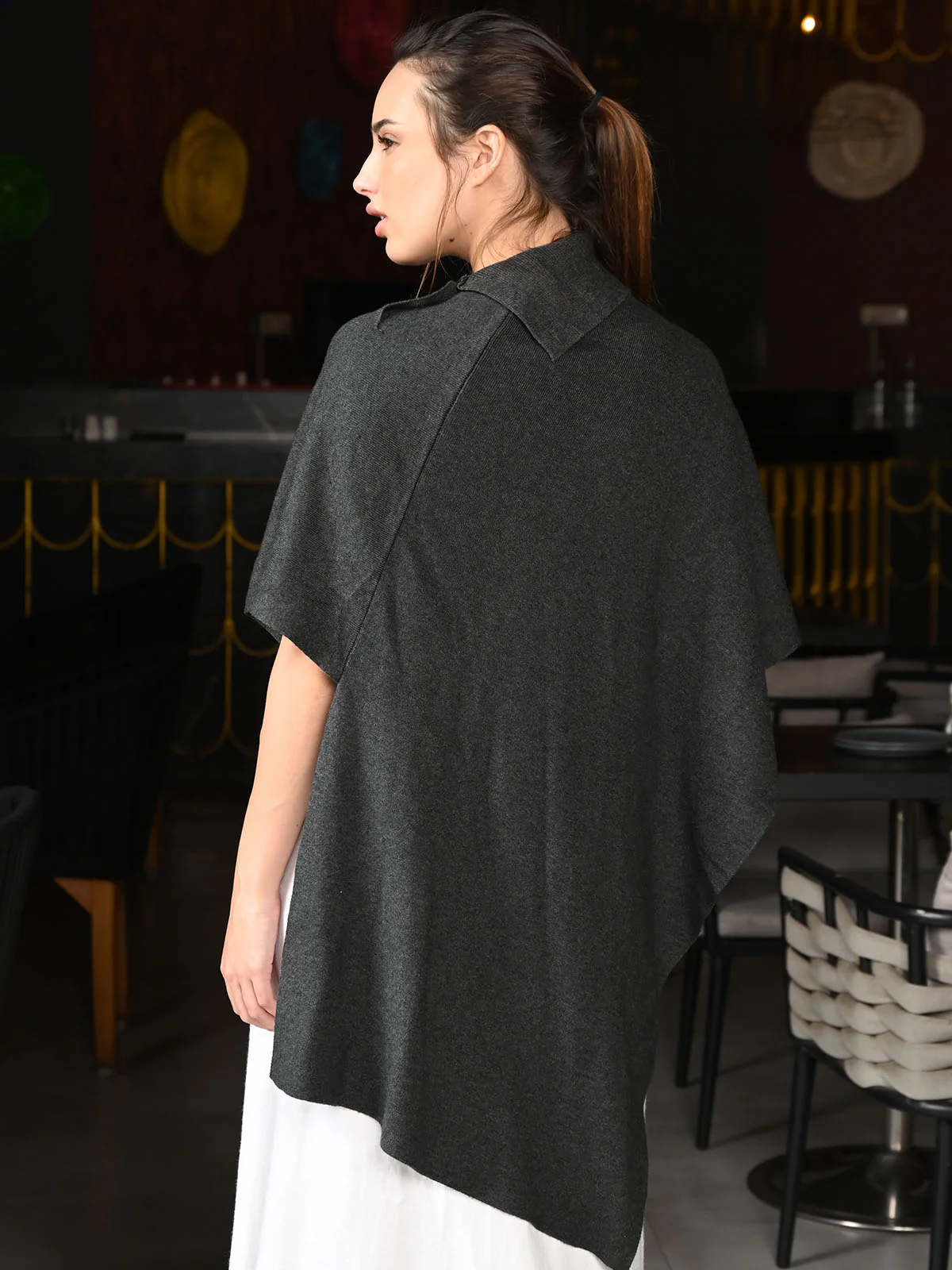 Odette Grey Ribbed Cotton High Neck Poncho Top For Women - Image 3