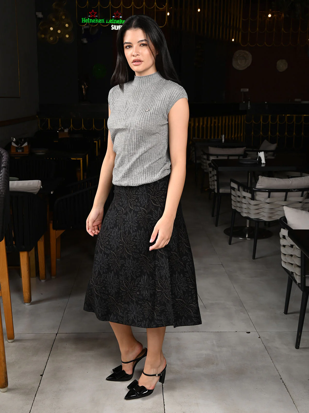 Odette Grey Ribbed Solid Top For Women