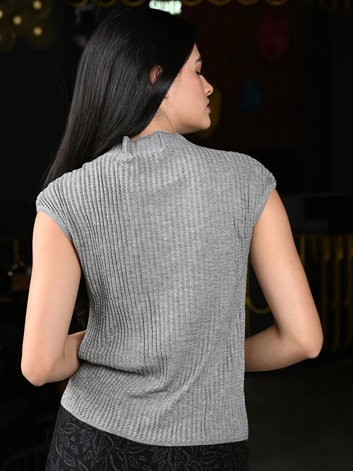 Odette Grey Ribbed Solid Top For Women - Image 5