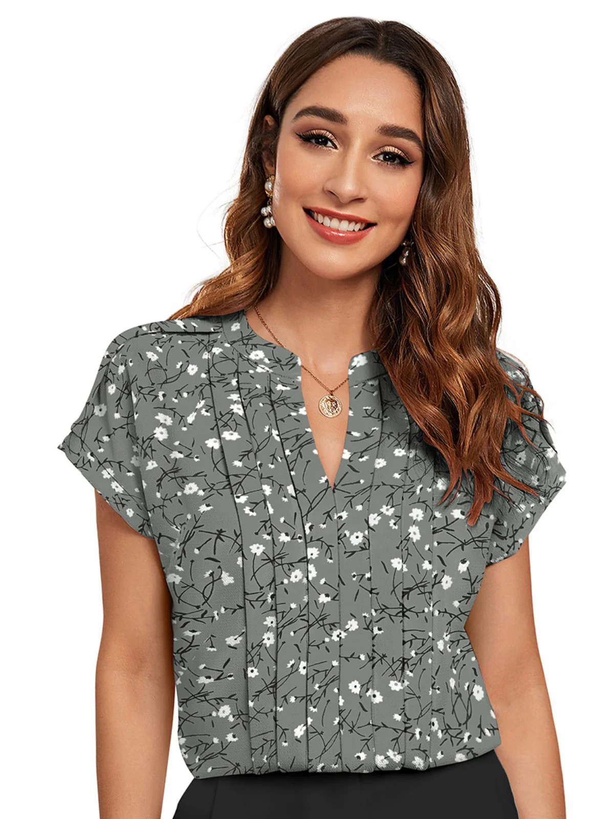 Odette Grey Cotton Blend Printed Top For Women