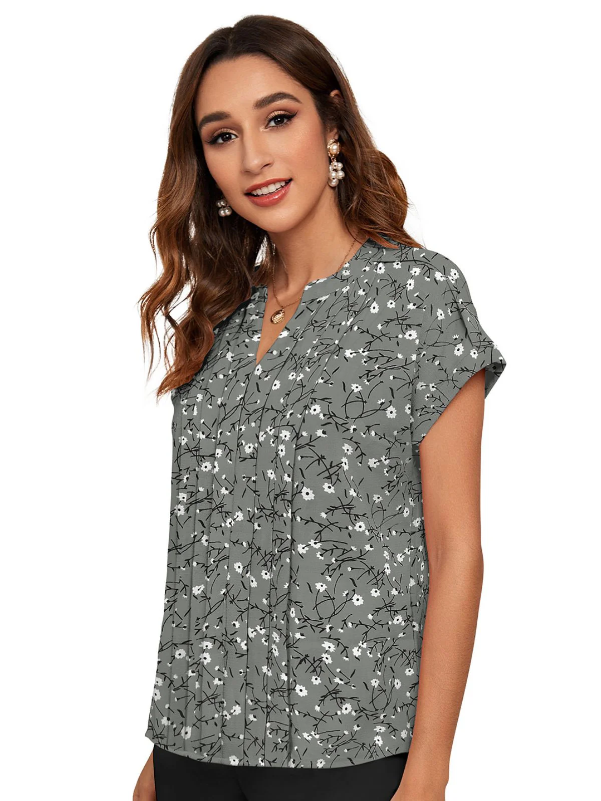 Odette Grey Cotton Blend Printed Top For Women - Image 3
