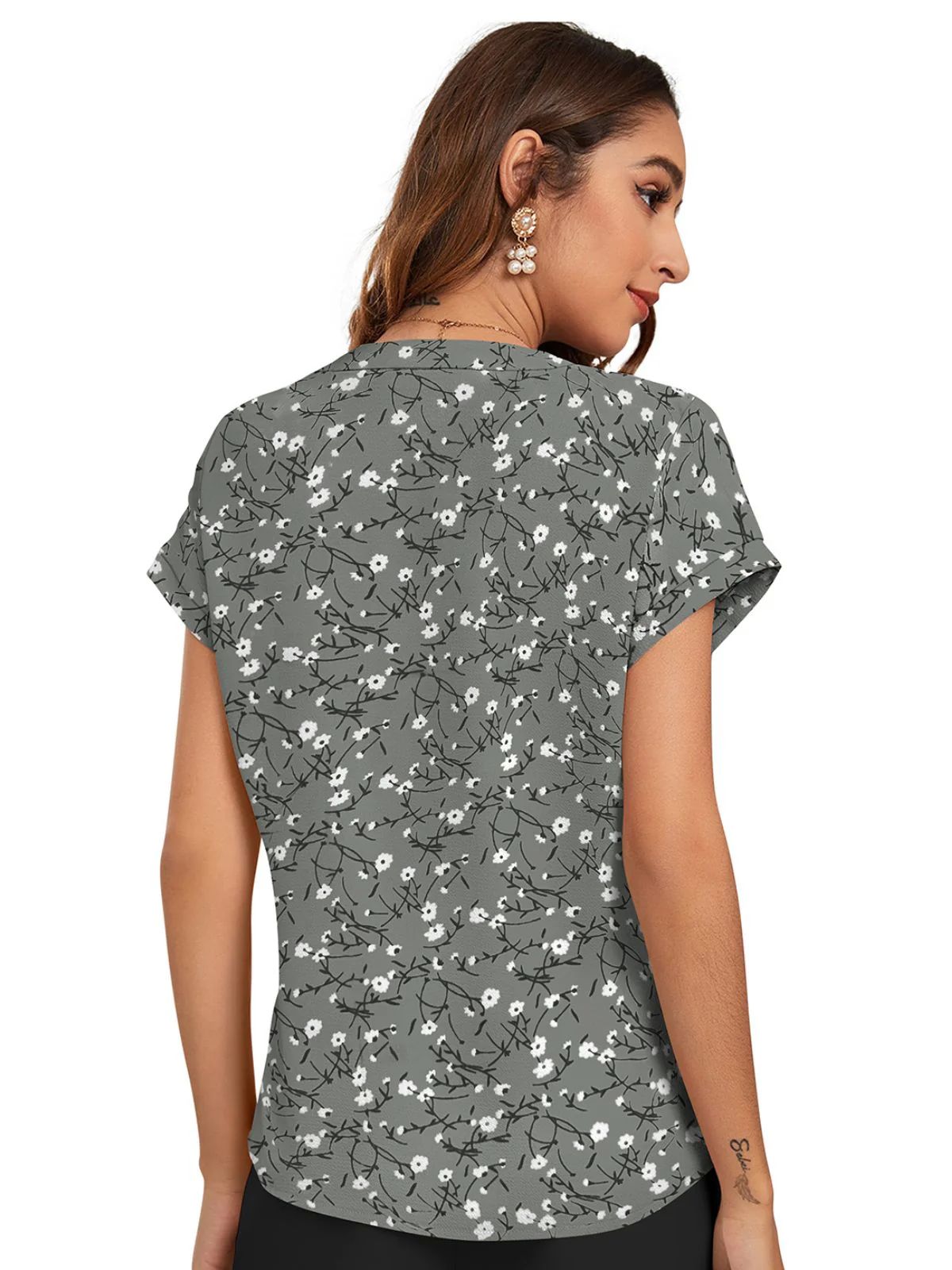 Odette Grey Cotton Blend Printed Top For Women - Image 4