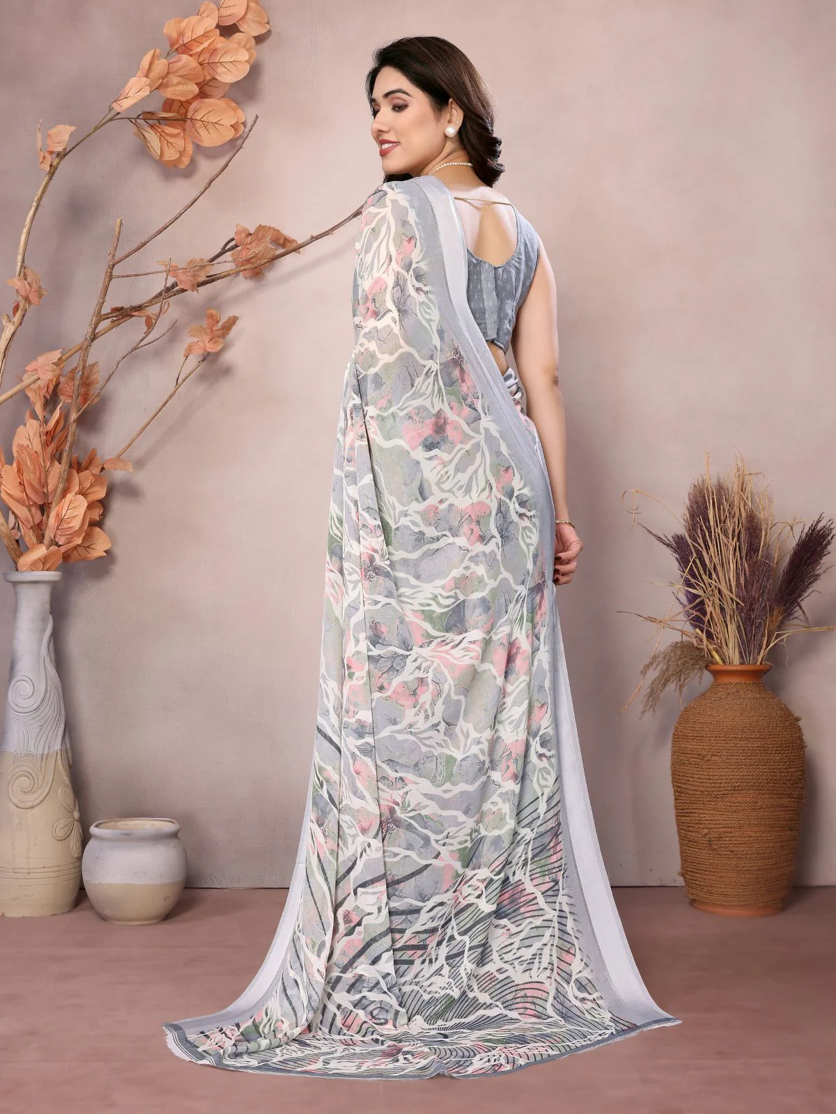 Odette Grey Satin Printed Saree With Unstitched Blouse For Women - Image 4