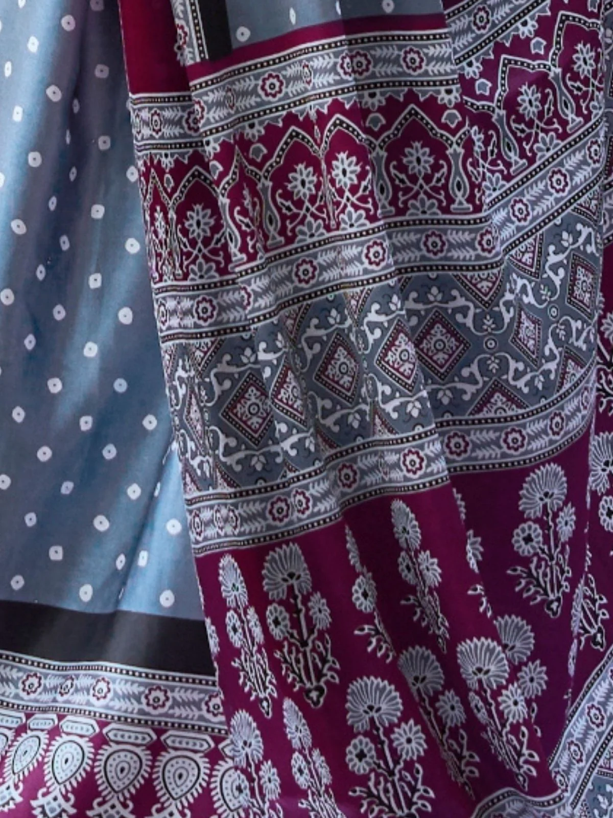 Odette Grey  Satin Printed Saree With Unstitched Blouse For Women - Image 3