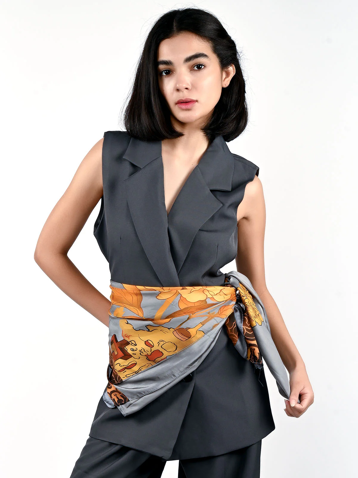 Odette Grey Satin Printed Scarf Women