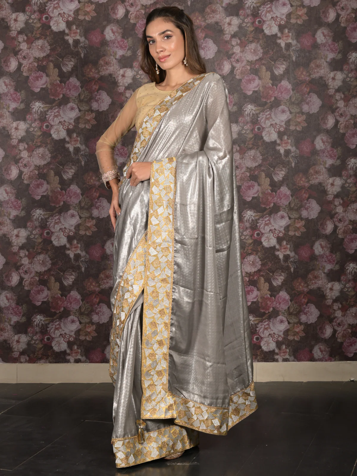 Odette Grey Shimmer Polyester Embroidered Saree with Unstitched Blouse for Women