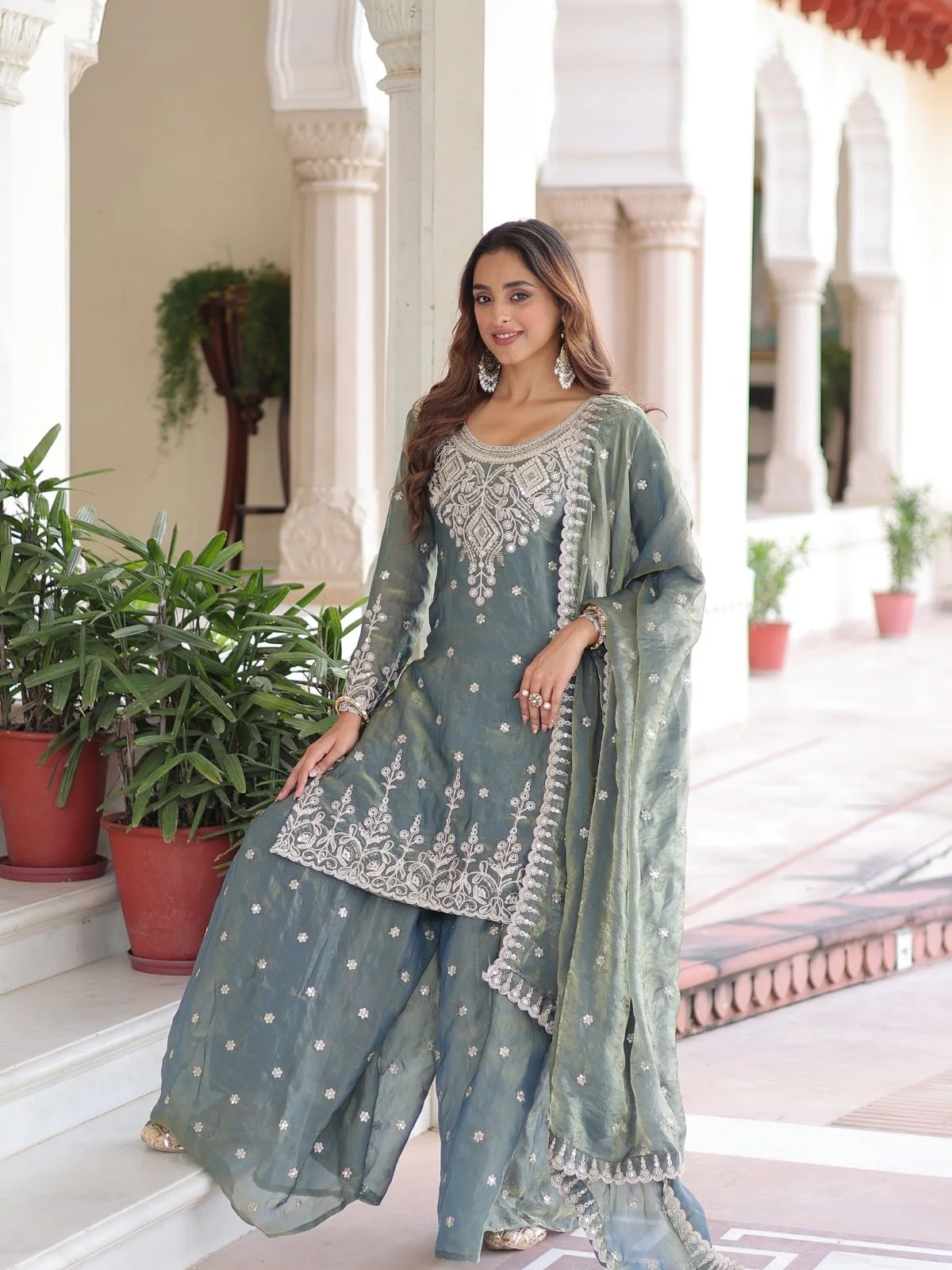 Odette Grey Silk Blend Embellished Kurta Set For Women - Image 2