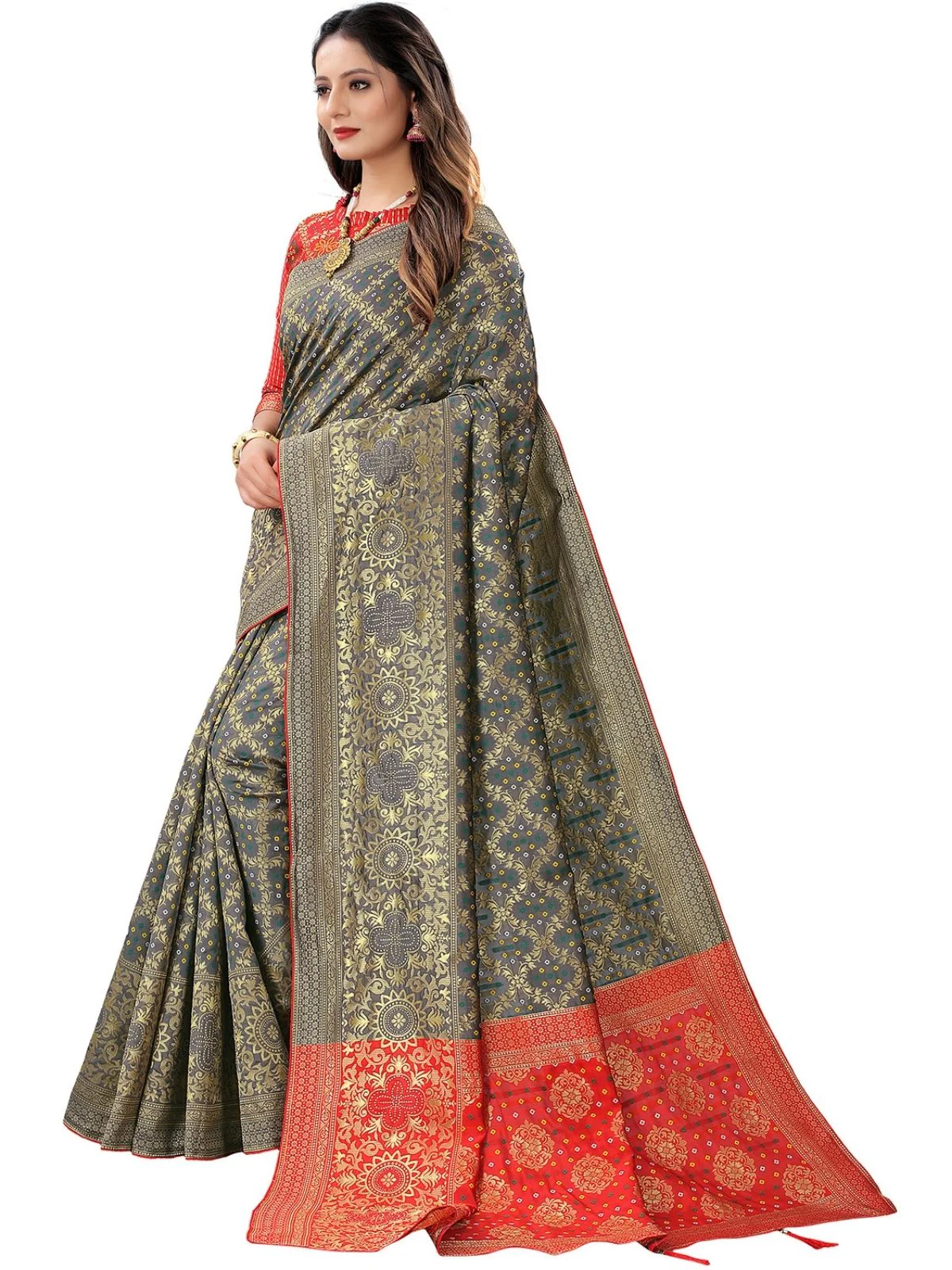 Odette Grey Silk Blend Embellished Saree For Women - Image 2