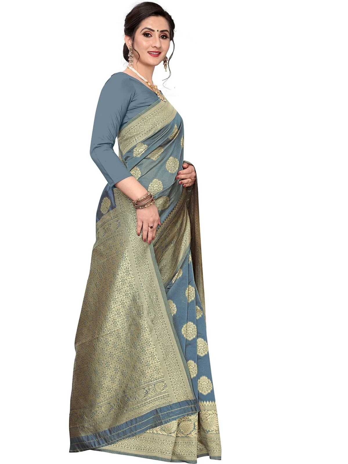 Odette Grey Silk Blend Embellished Saree For Women - Image 2