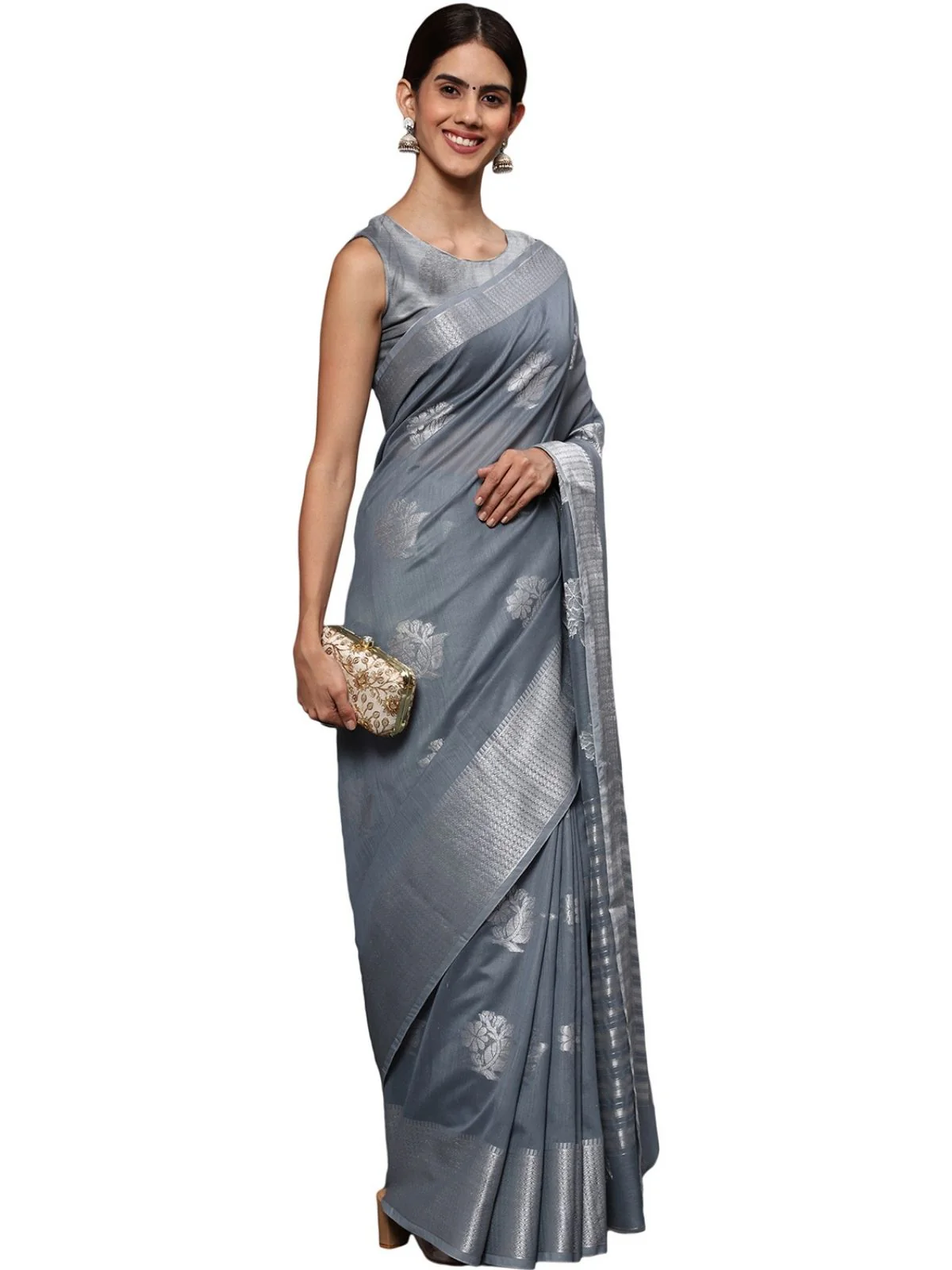 Odette Grey Silk Blend Embellished Saree For Women - Image 2