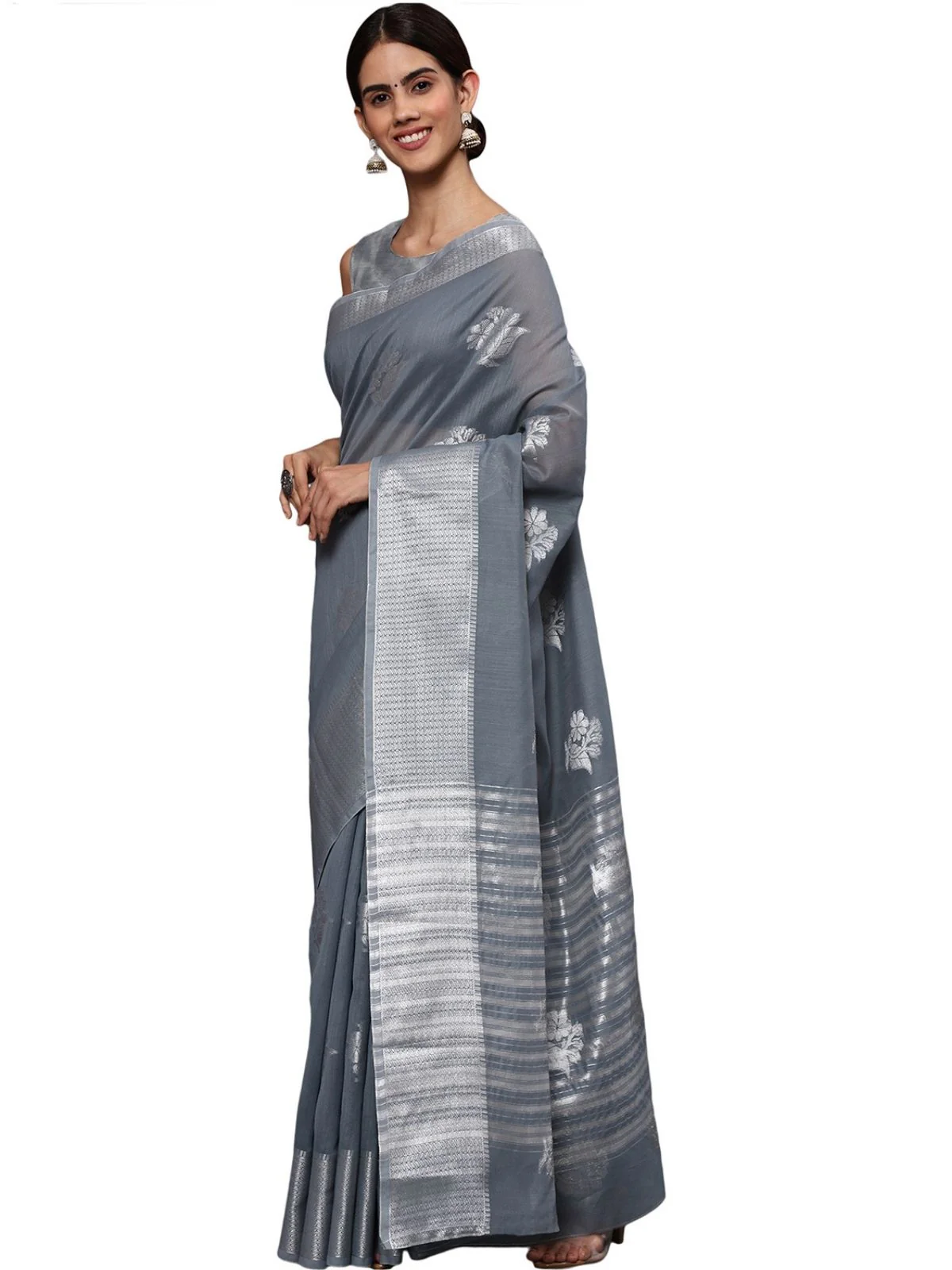 Odette Grey Silk Blend Embellished Saree For Women - Image 3