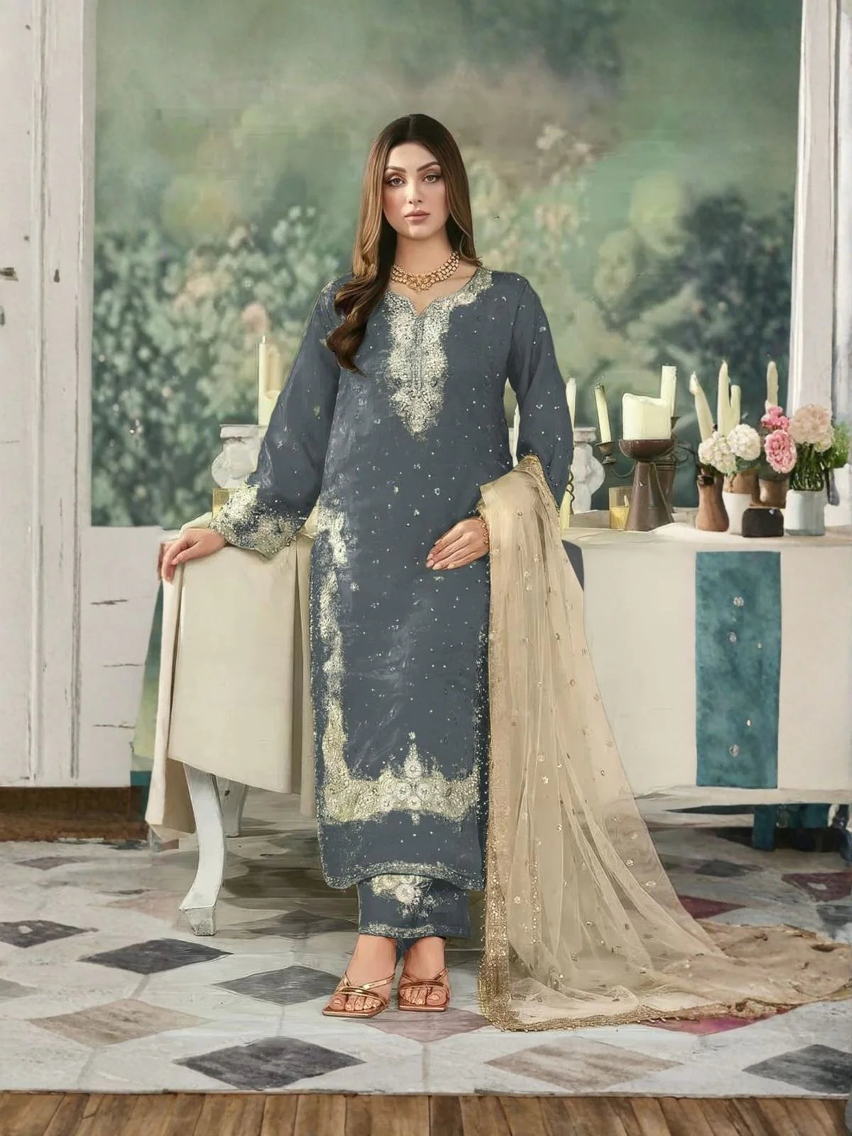 Odette Grey Silk Blend Embellished Semi Stitched Kurta Set For Women