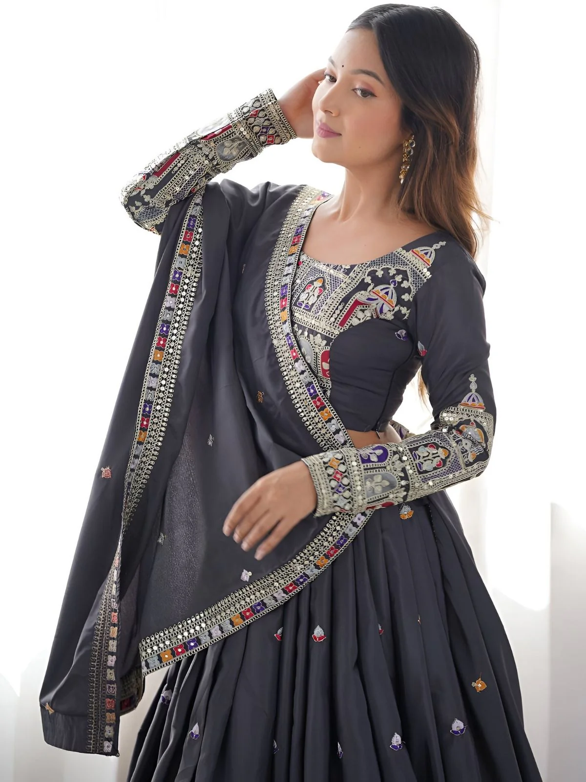 Odette Grey Silk Blend Embroidered Semi-Stitched lehenga For Women - Image 3
