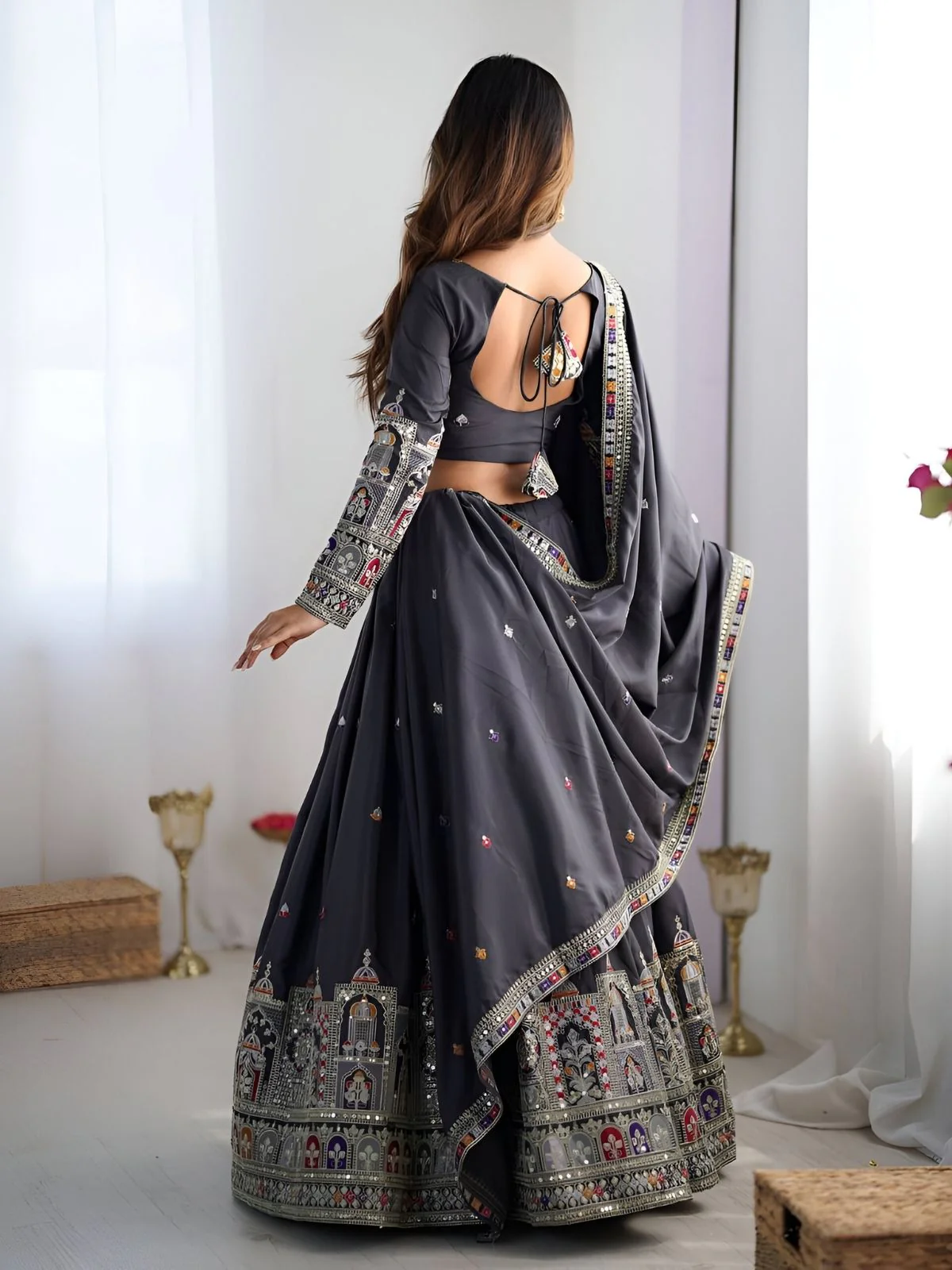 Odette Grey Silk Blend Embroidered Semi-Stitched lehenga For Women - Image 4