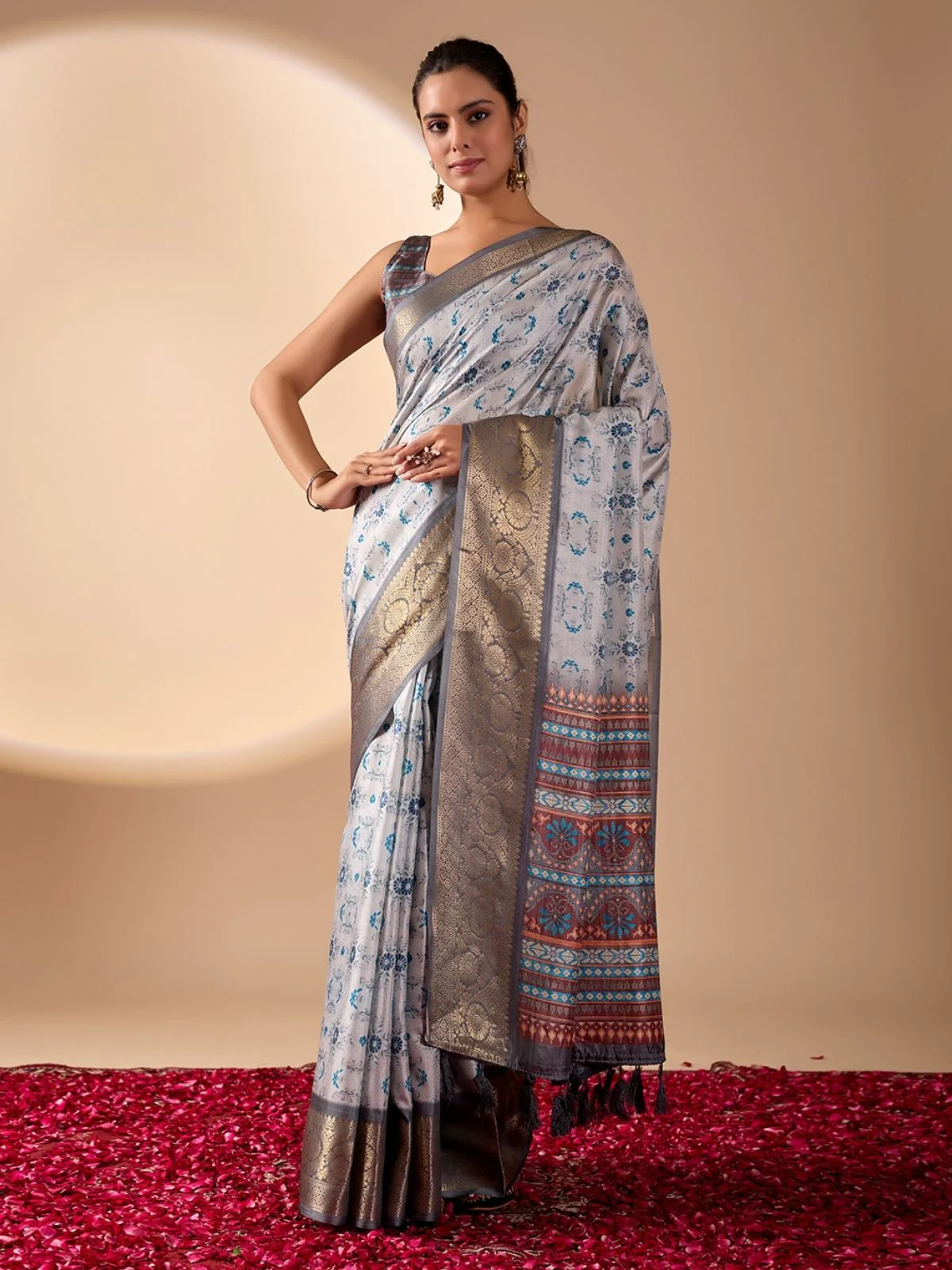 Odette Grey Silk Blend Printed Saree For Women