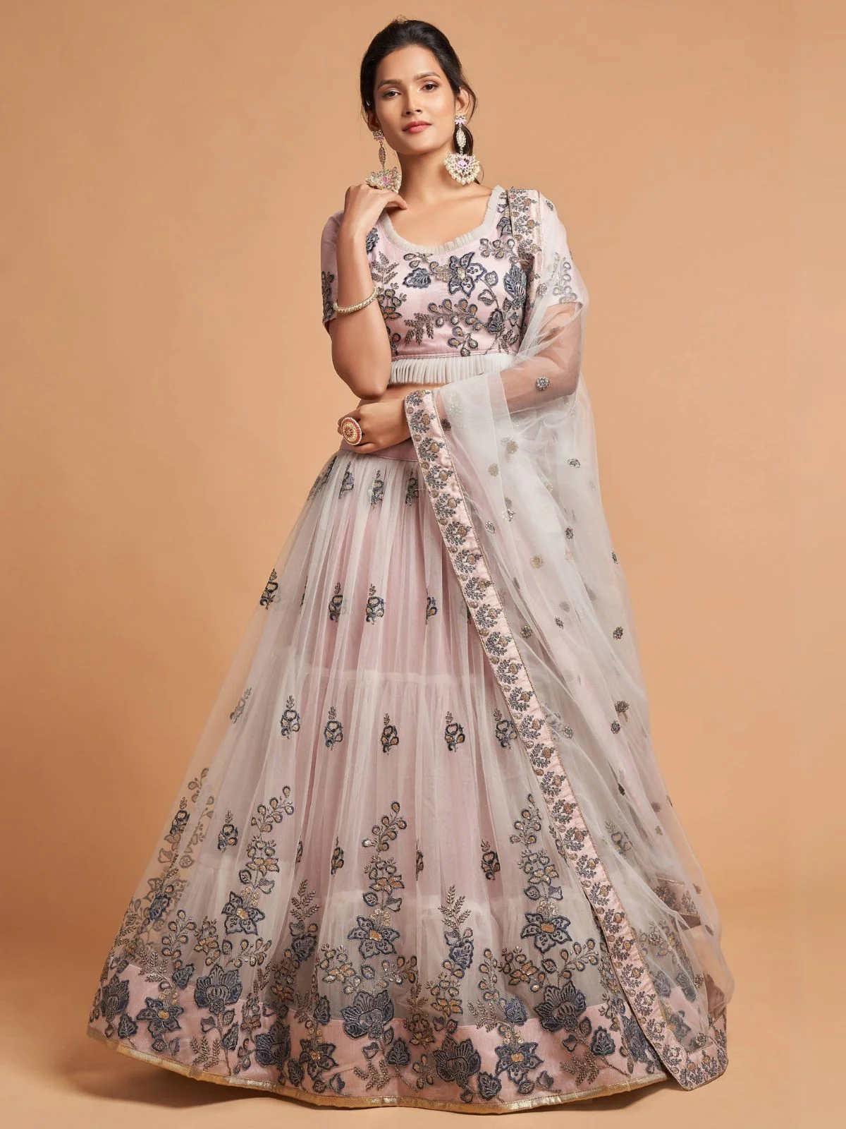 Odette Grey And Peach Soft Net Embroidered Semi Stitched Lehenga With Blouse For Women