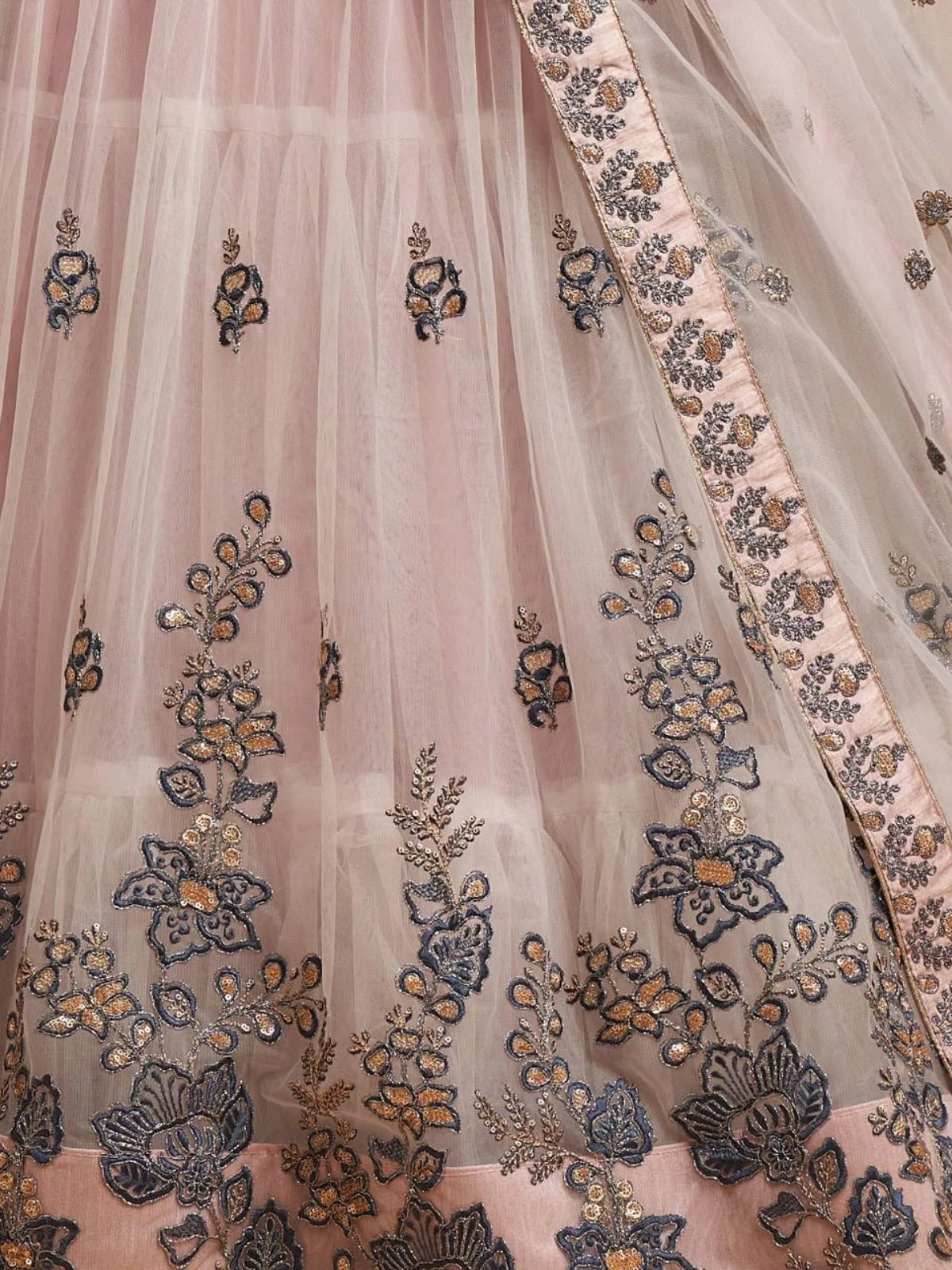 Odette Grey And Peach Soft Net Embroidered Semi Stitched Lehenga With Blouse For Women - Image 5