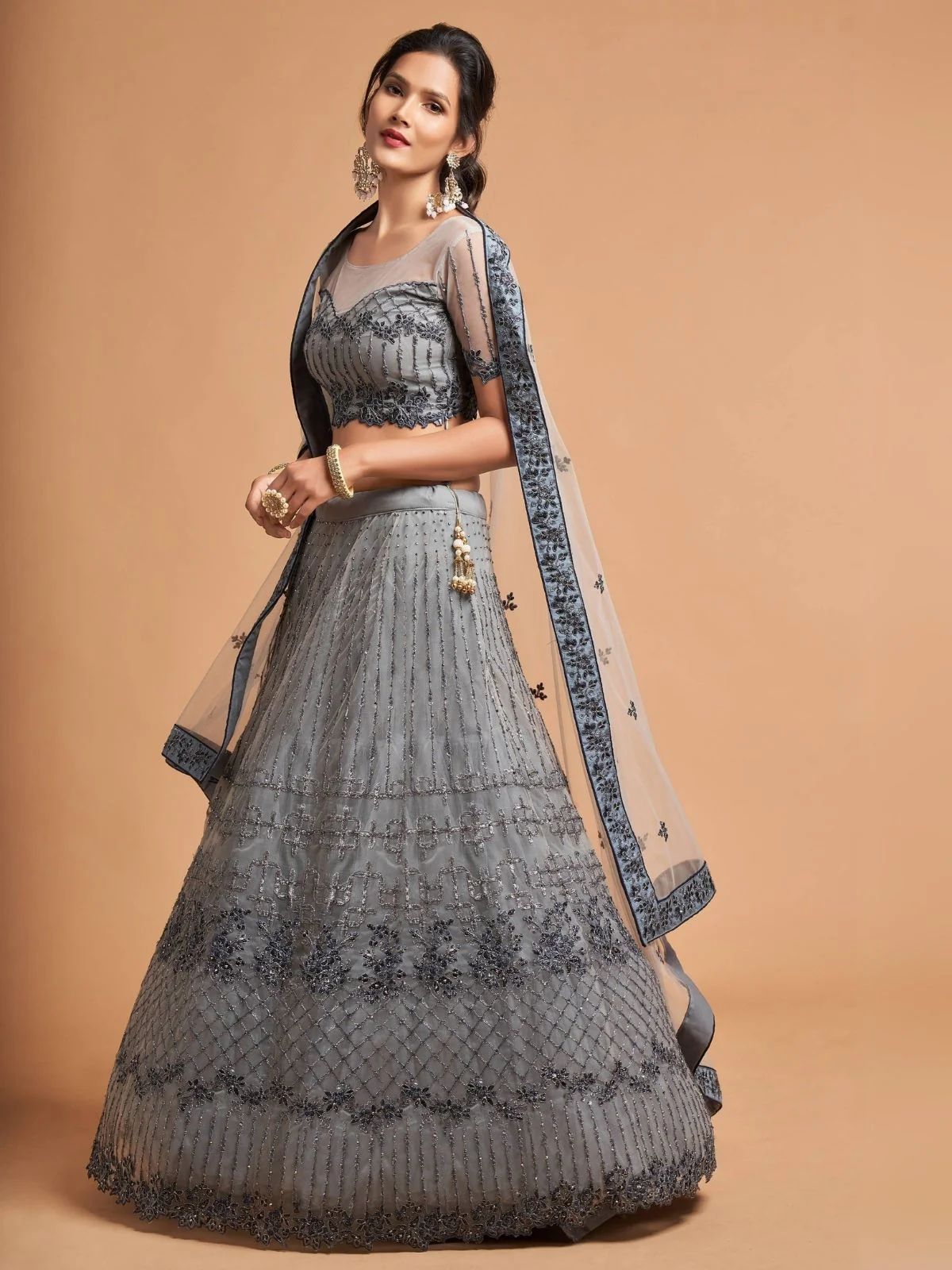 Odette Grey Soft Net Embroidered Semi Stitched Lehenga With Blouse For Women - Image 2