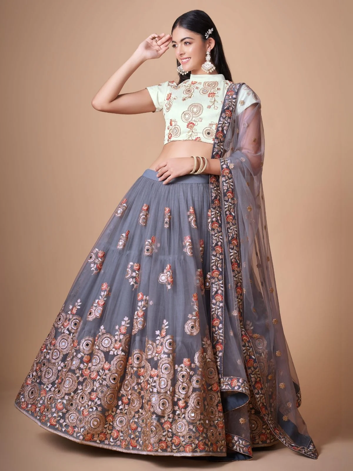 Odette Grey Soft Net Embroidered Semi Stitched Lehenga With Blouse For Women - Image 2