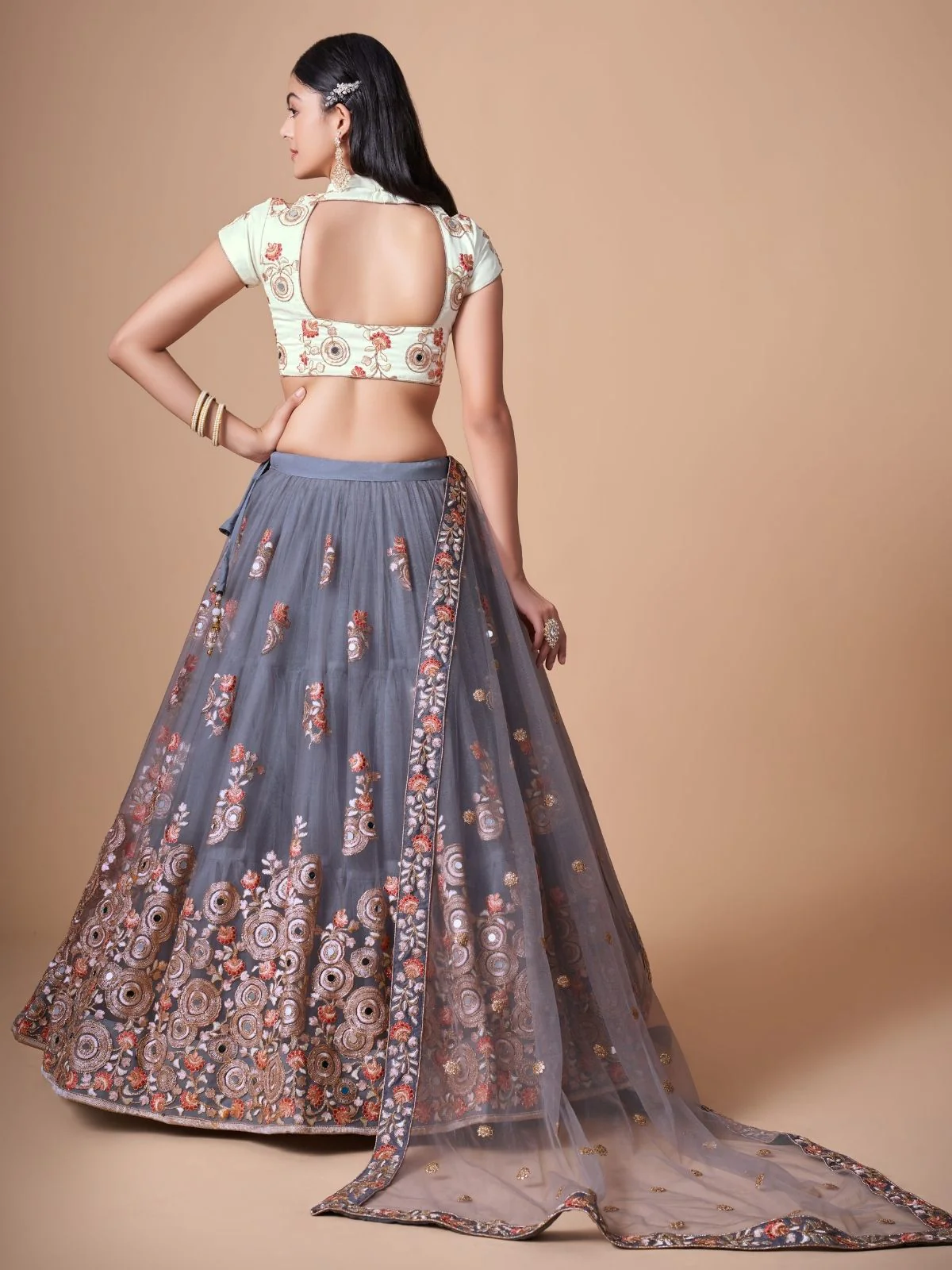 Odette Grey Soft Net Embroidered Semi Stitched Lehenga With Blouse For Women - Image 3