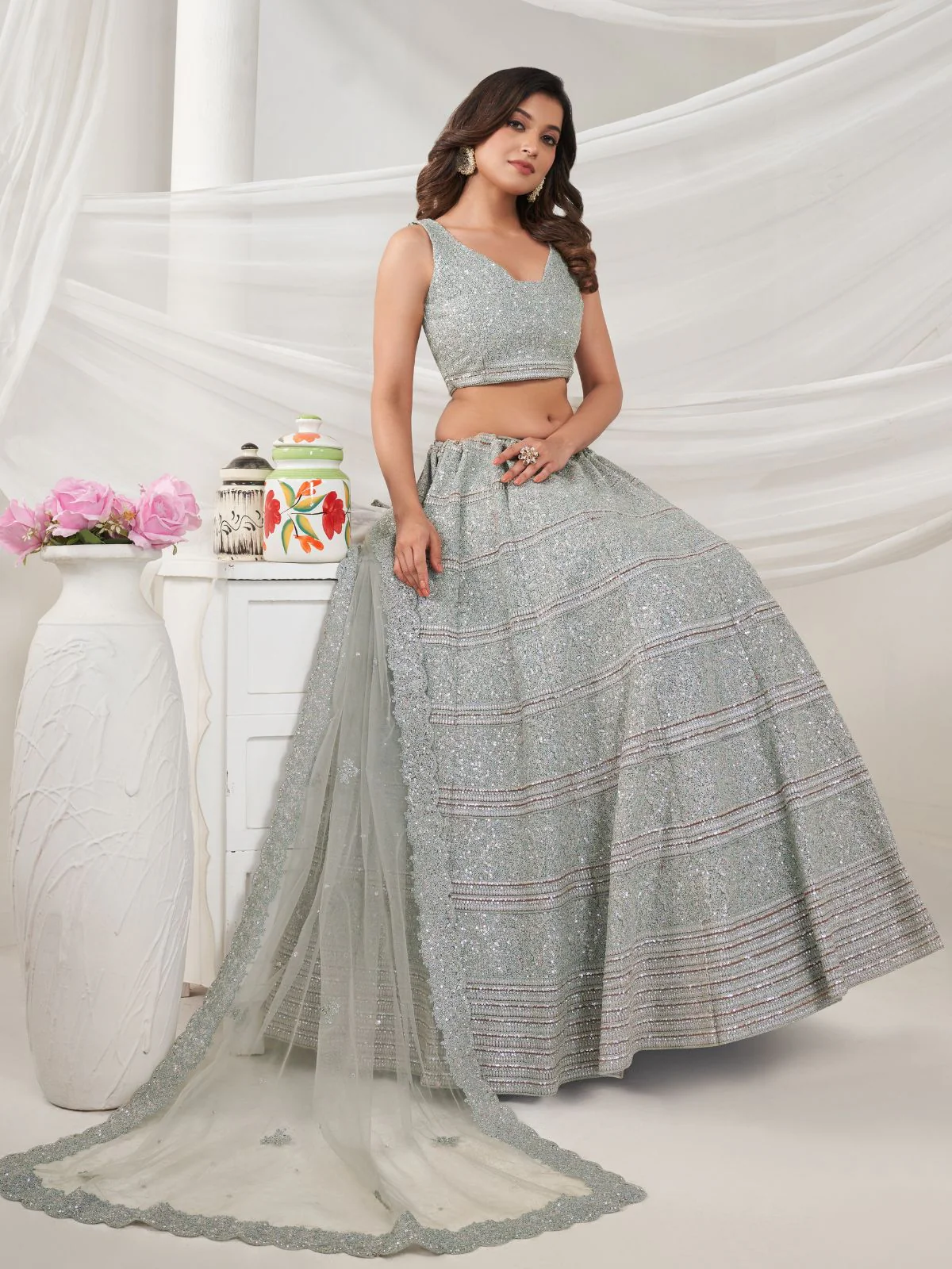 Odette Grey Soft Net Embroidered Semi Stitched Lehenga With Unstitched Blouse For Women - Image 2