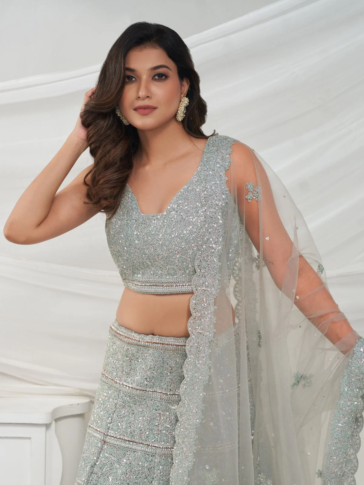 Odette Grey Soft Net Embroidered Semi Stitched Lehenga With Unstitched Blouse For Women - Image 3