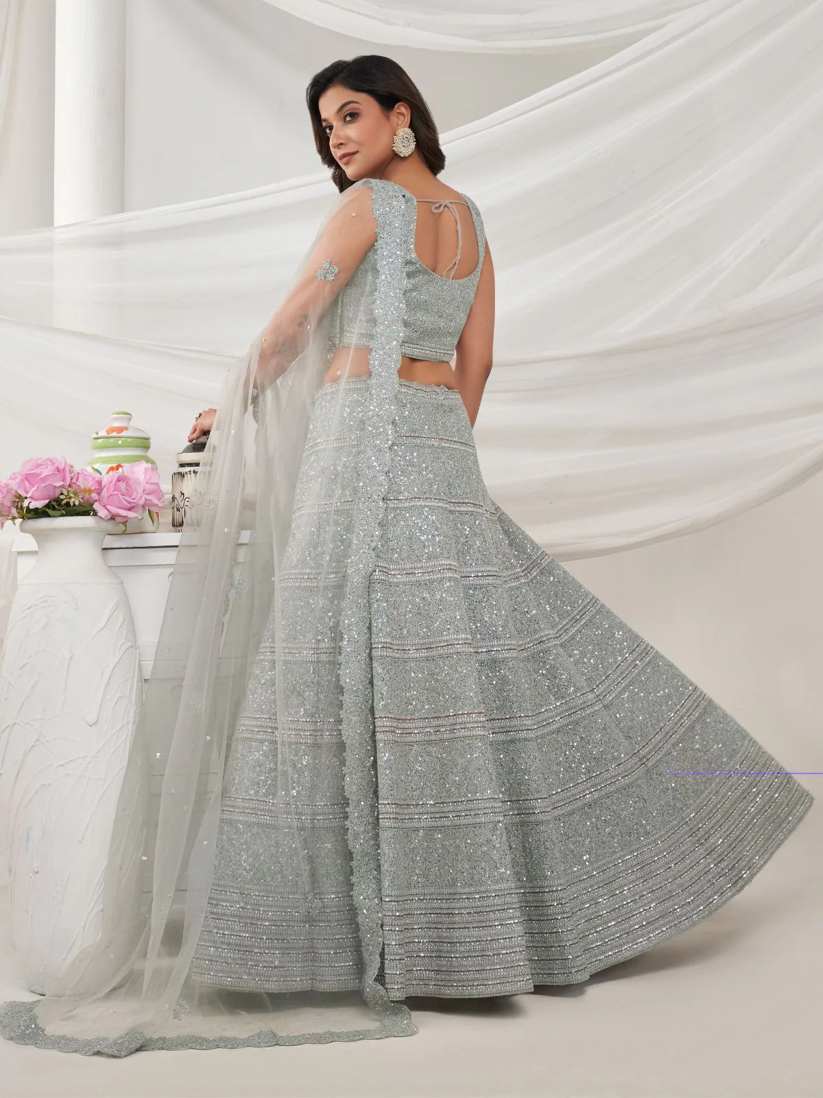 Odette Grey Soft Net Embroidered Semi Stitched Lehenga With Unstitched Blouse For Women - Image 5
