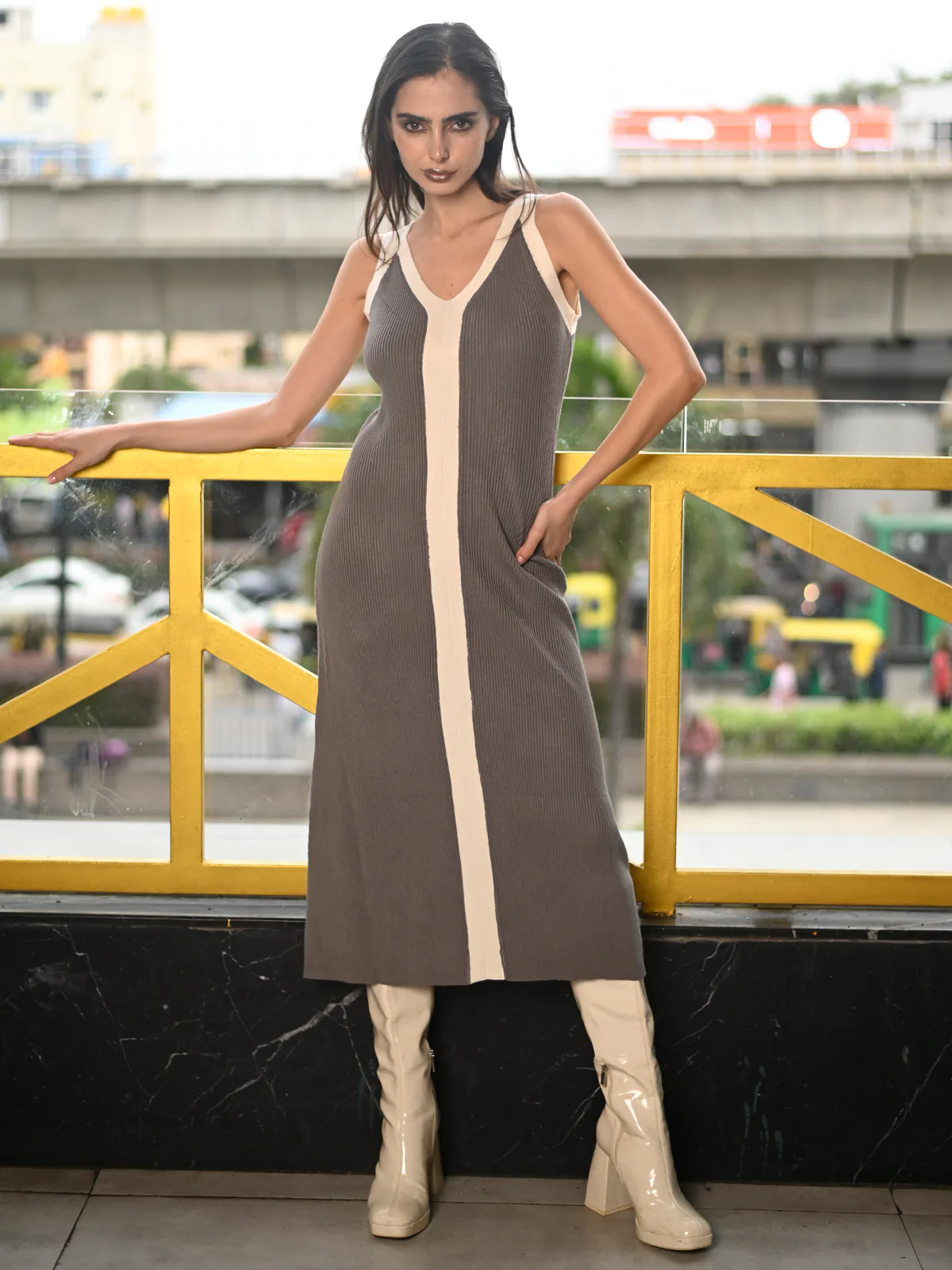 Odette Grey Rib Lycra Solid Dress For Women