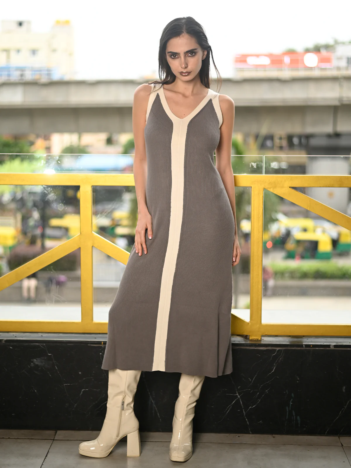 Odette Grey Rib Lycra Solid Dress For Women - Image 2
