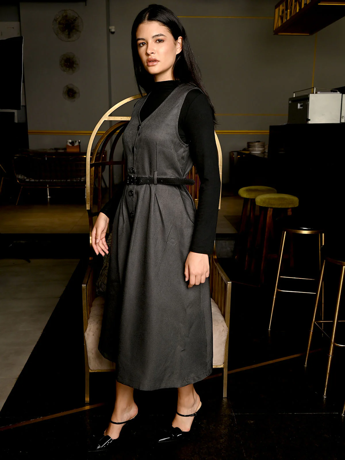 Odette Grey Suiting And Black Jersey Solid Dress for Women - Image 3