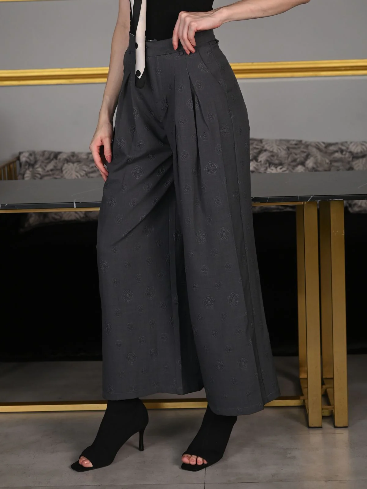 Odette Grey Suede Fabric Embossed Trouser For Women - Image 3