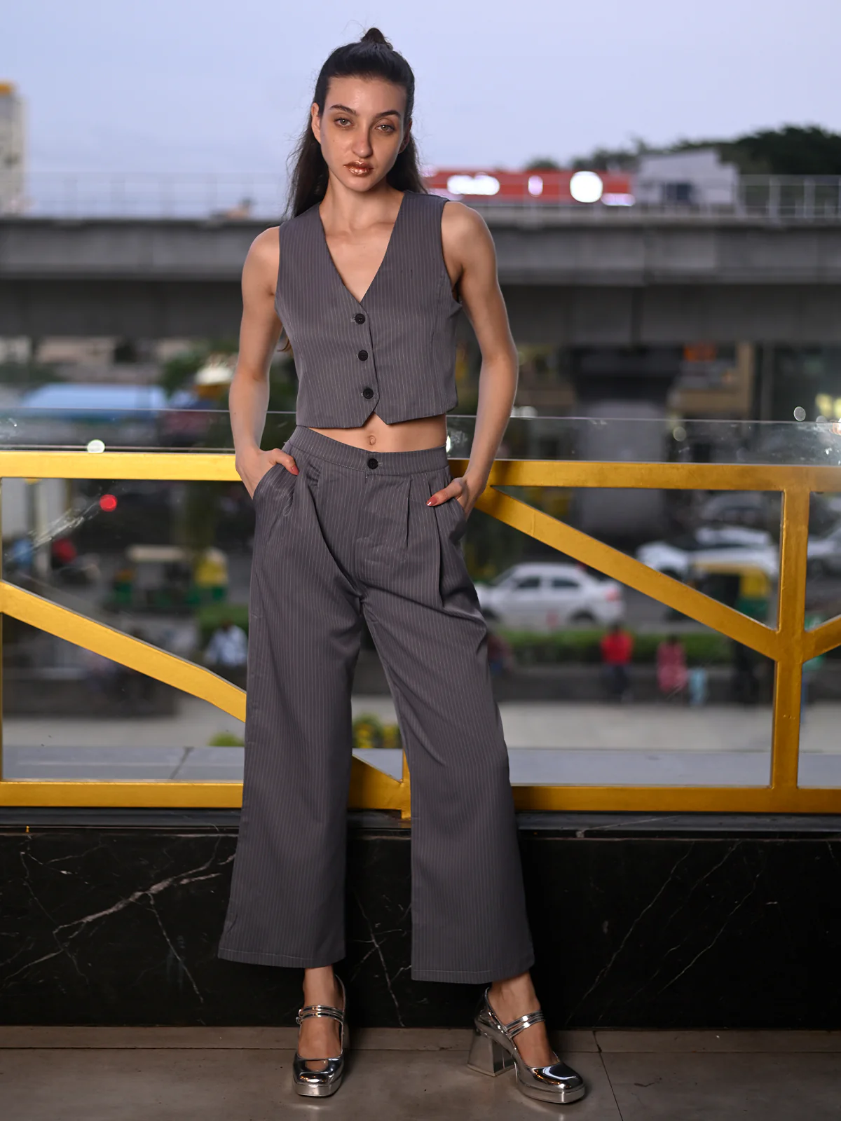 Odette Grey Suede Fabric Stitched Co-Ord Set For Women
