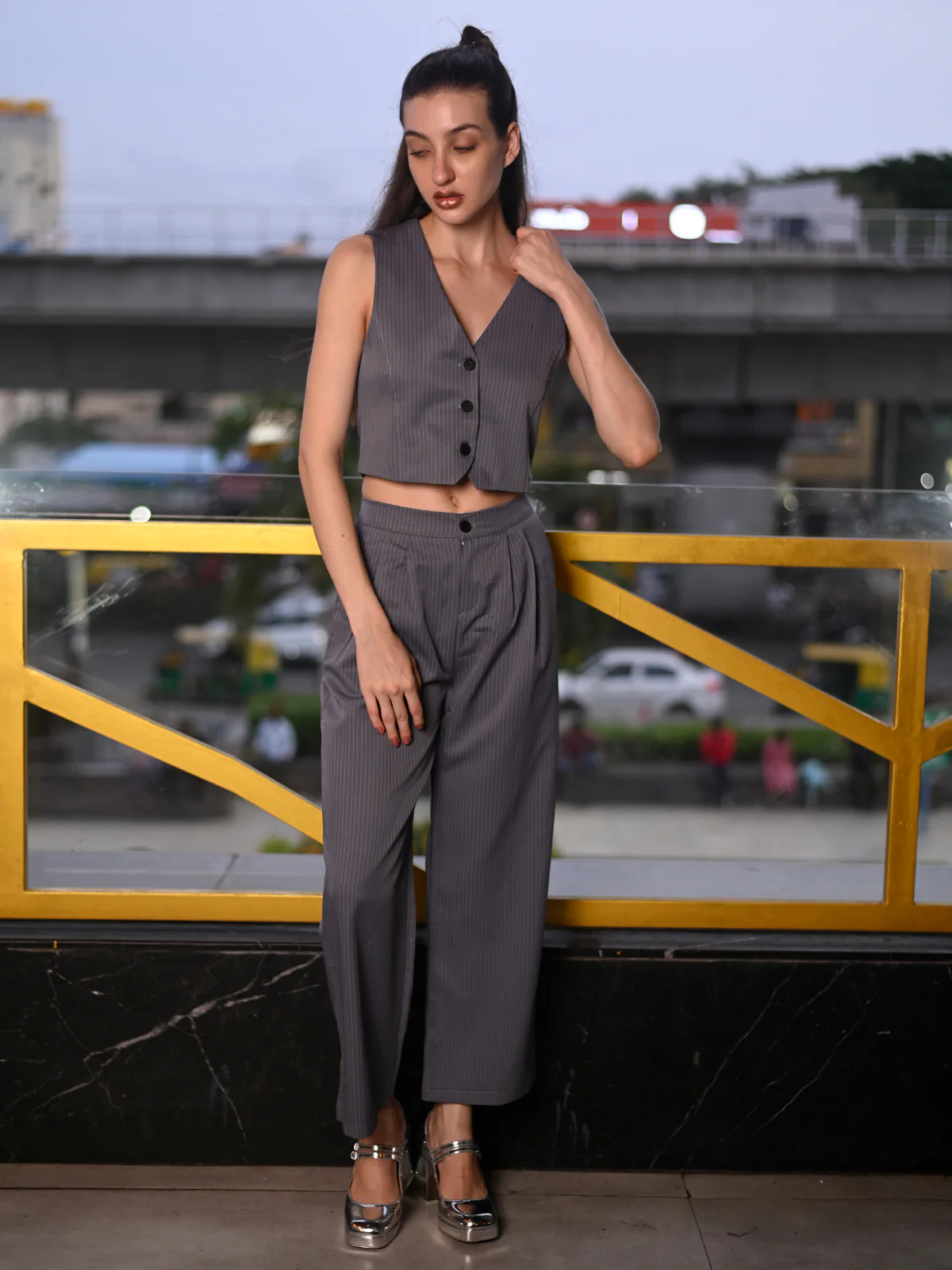 Odette Grey Suede Fabric Stitched Co-Ord Set For Women - Image 2